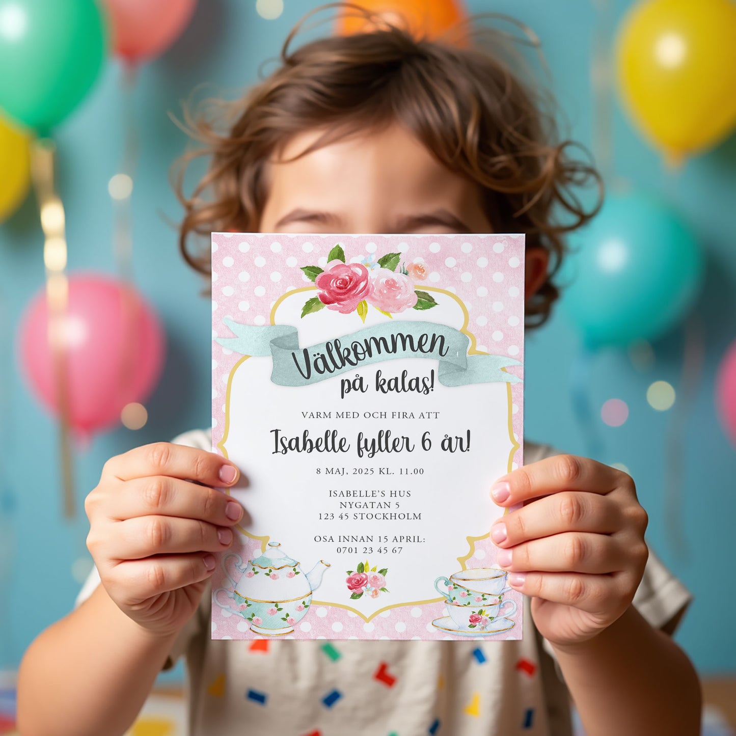 Barnkalas Inbjudningskort – Tekoppar Polkadot Rosa – A6 Tryckt Kort för Födelsedagskalas BK001r