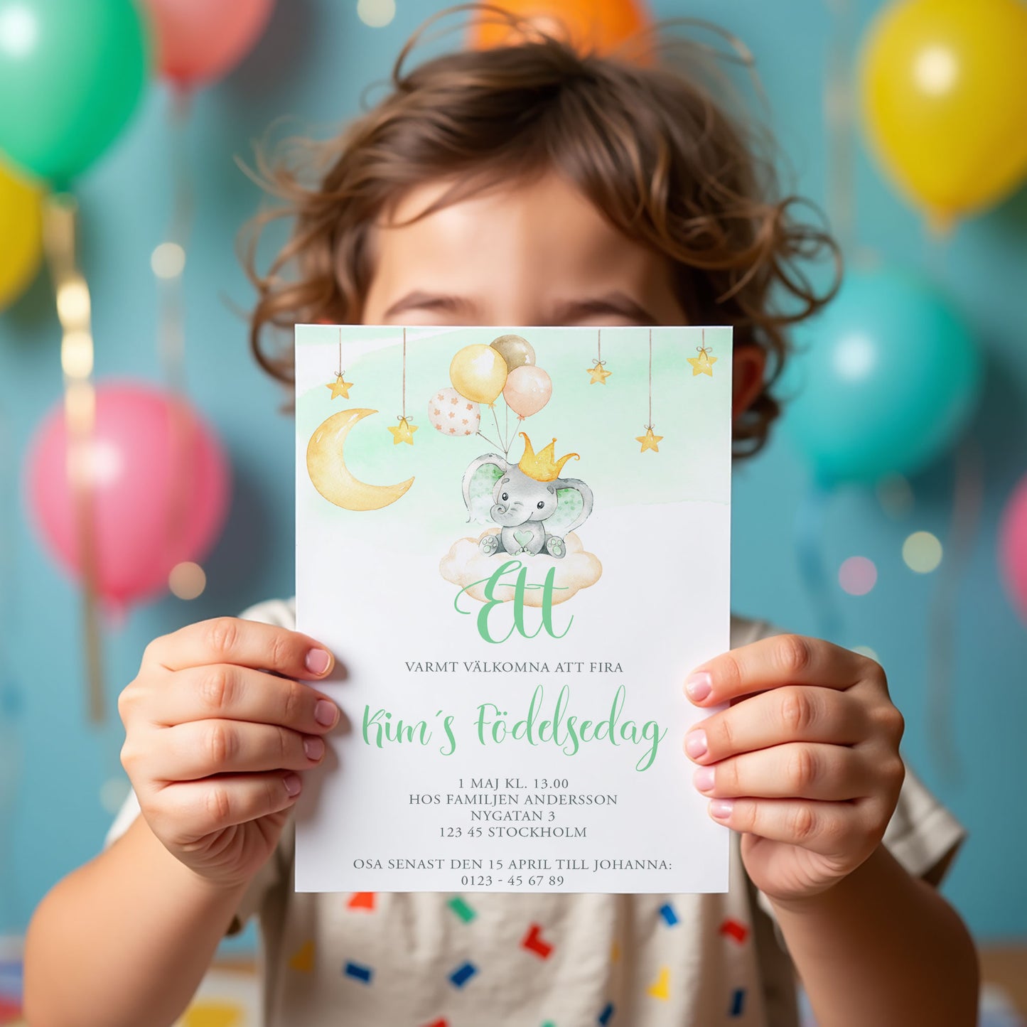 Barnkalas Inbjudningskort – Elefant med Ballonger Grön – A6 Tryckt Kort för Födelsedagskalas BK002g
