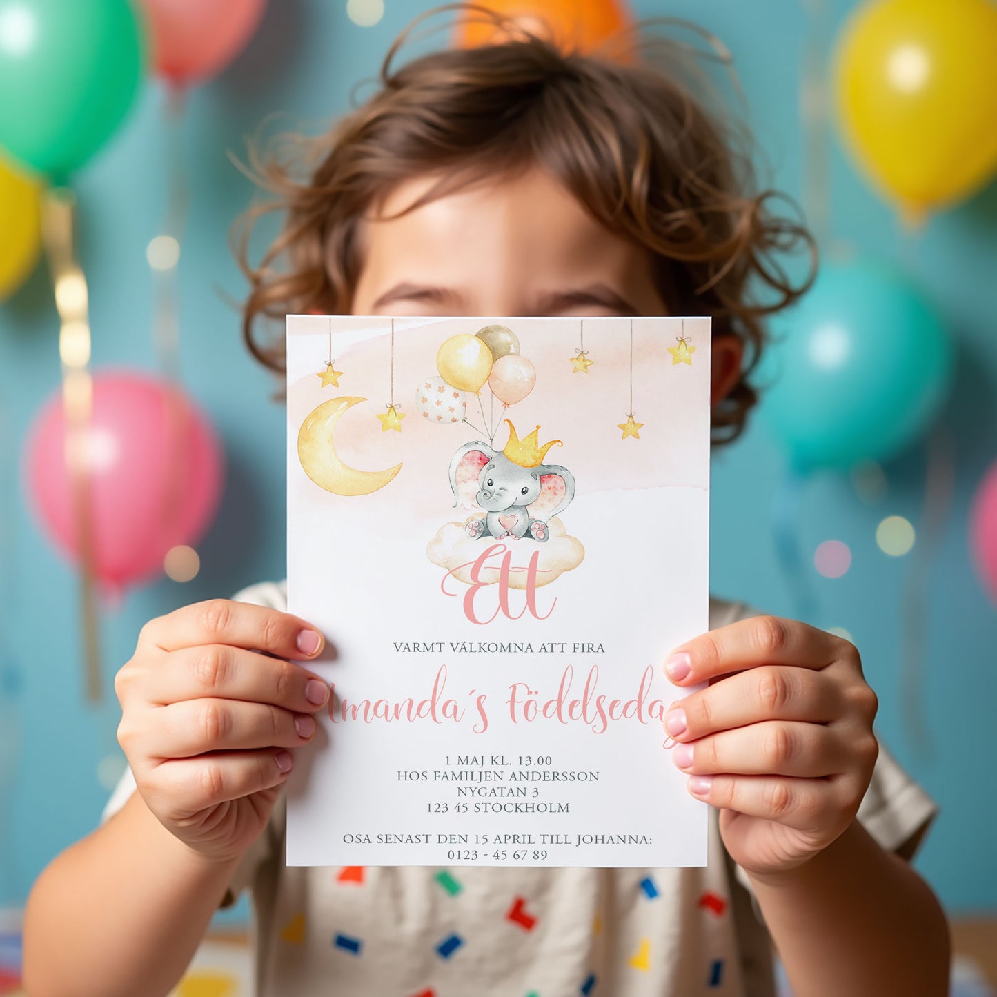 Barnkalas Inbjudningskort – Elefant med Ballonger Rosa – A6 Tryckt Kort för Födelsedagskalas BK002p
