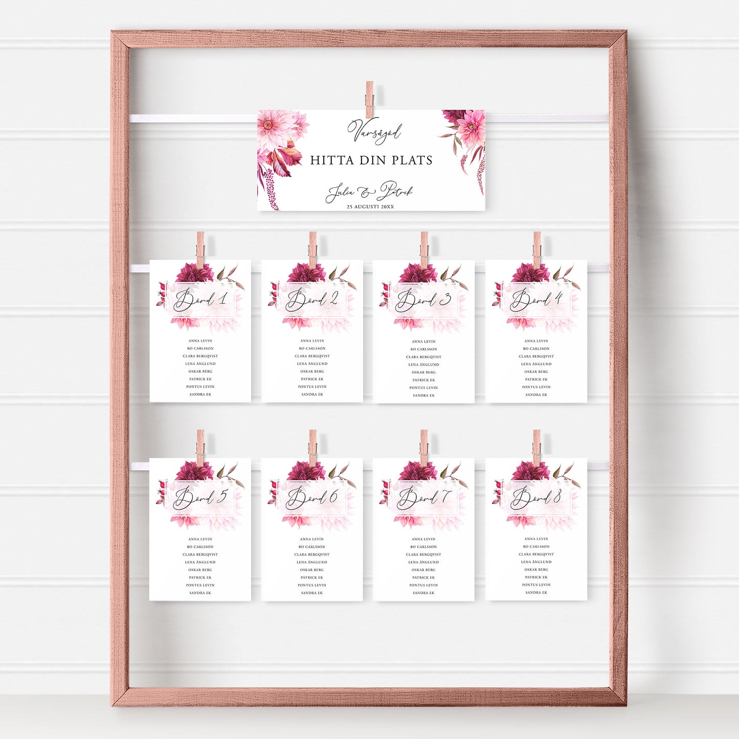 Bordsplaceringskort till bröllop – Burgundy Dahlia – Titelskylt & bordskort för gäster BR002