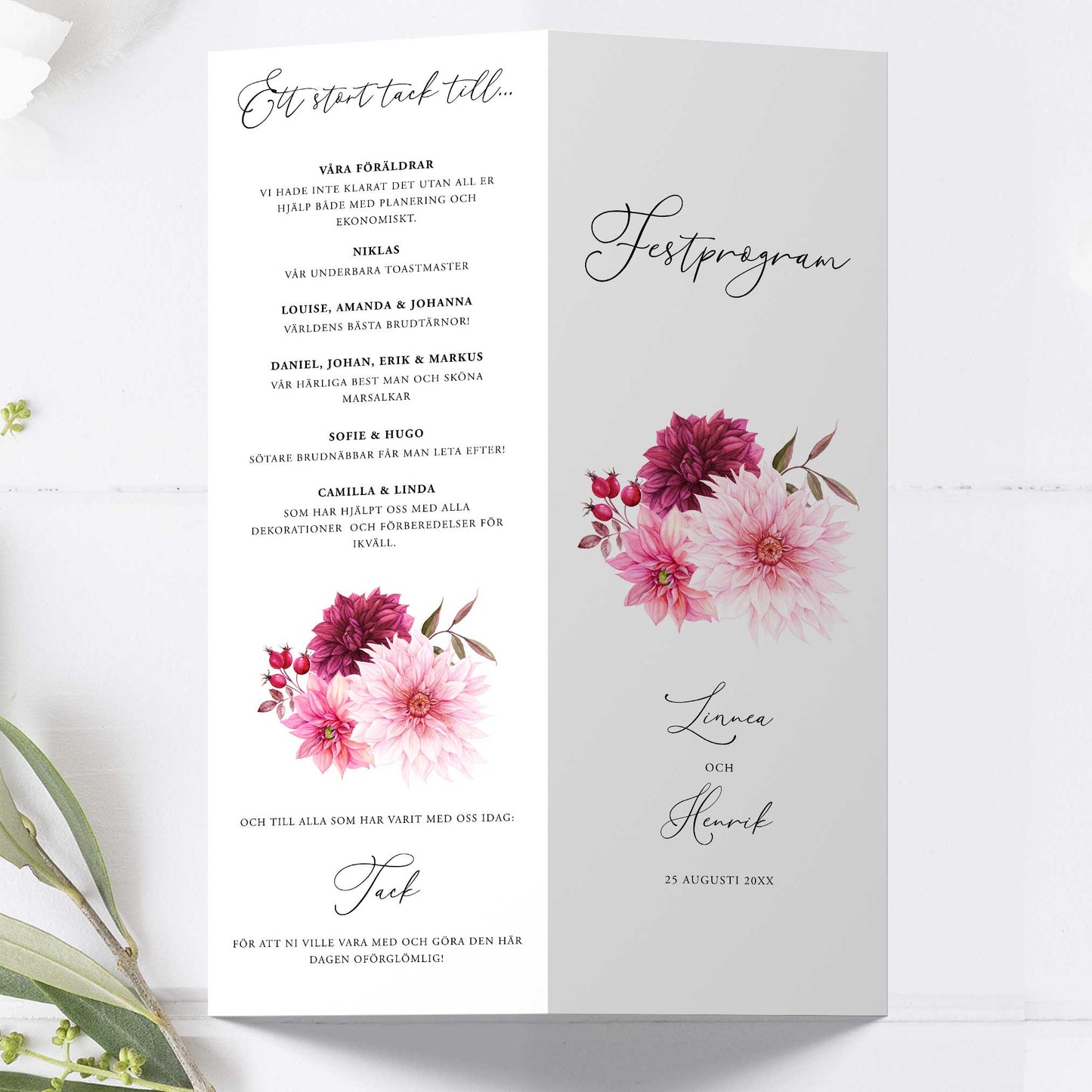 Festprogram till bröllop – Burgundy Dahlia – Avlångt tryckt programkort 10,5×29,7 cm BR002