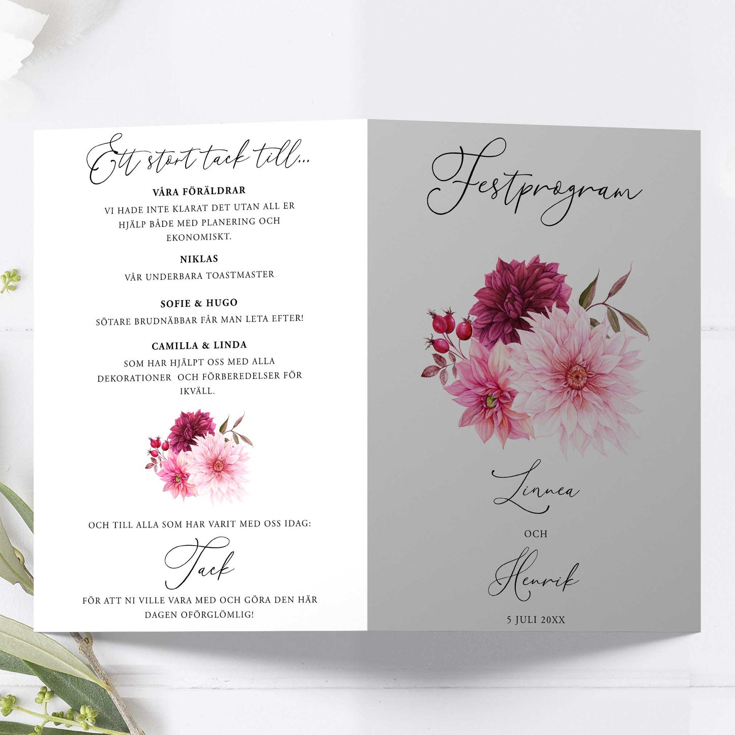 Festprogram litet, till bröllop – Burgundy Dahlia – Tryckt programkort 12,7x17,7 cm BR002