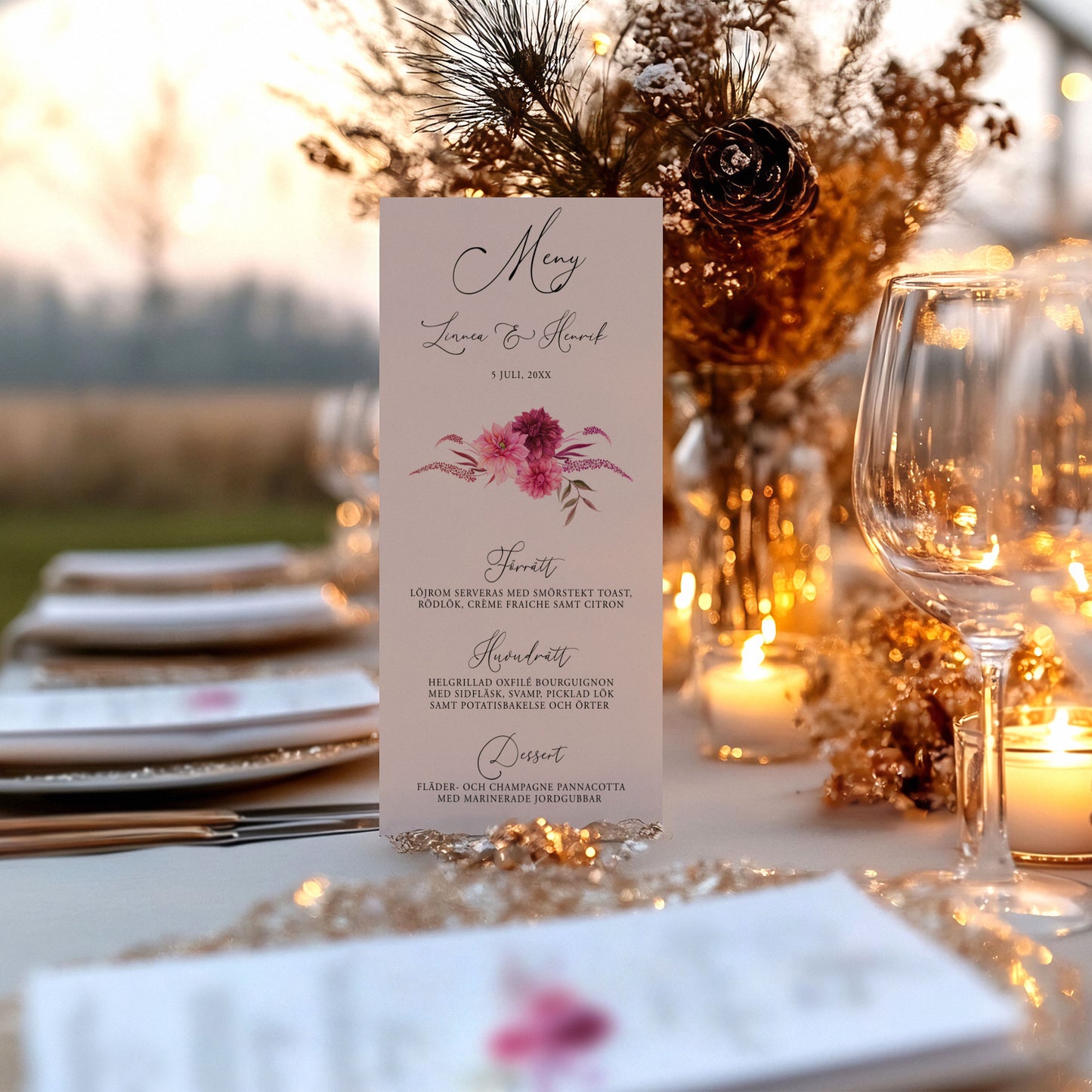 Menykort till bröllop – Burgundy Dahlia – Tryckt kort för bröllopsmeny BR002