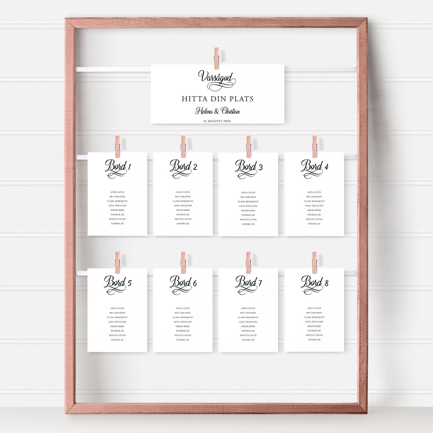 Bordsplaceringskort till bröllop – Modern script stil svartvitt – Titelskylt & bordskort för gäster BR004