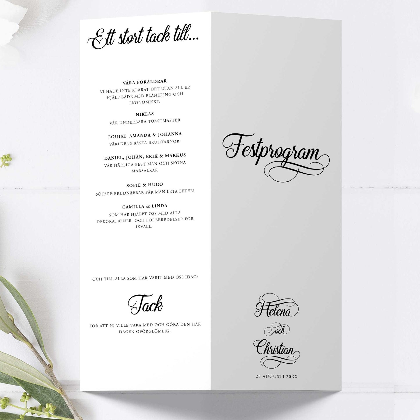 Festprogram till bröllop – Modern Script Svartvitt – Avlångt tryckt programkort 10,5×29,7 cm BR004