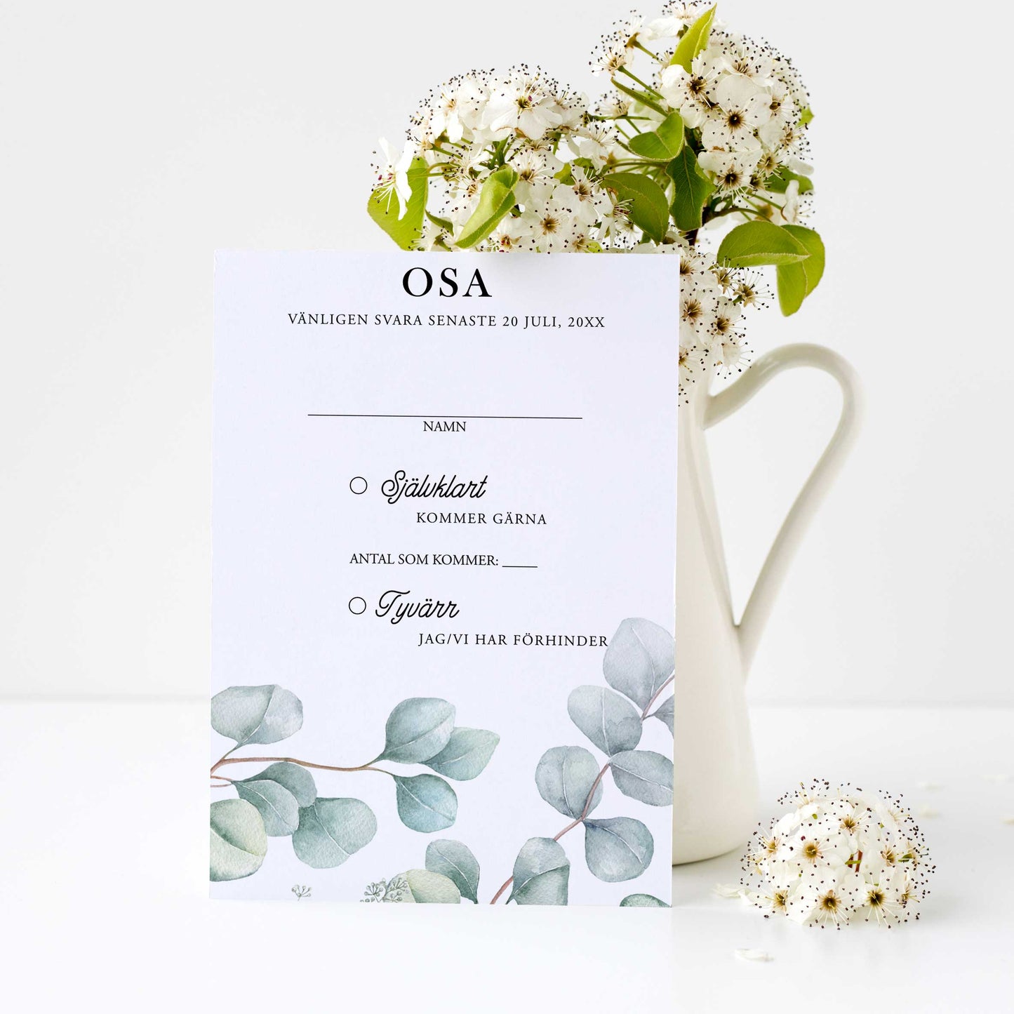 OSA-kort med kuvert (8 färger) – A6 Eucalyptus Elegant – Bröllopskort BR005