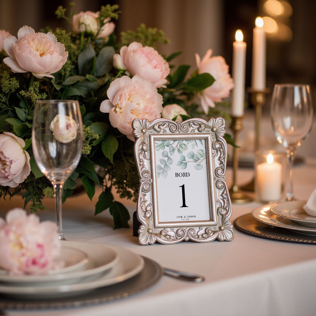 Bordsnummerkort till bröllop – Eucalyptus Elegant – Tryckt kort för dukning och bordsplacering BR005