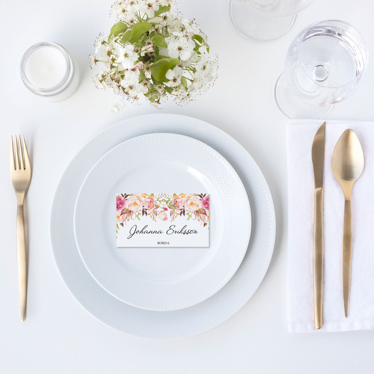 Enkla placeringskort till bröllop – Peach & Blush Blommig Romantisk Somrig – Tryckt kort med namn för dukning BR006