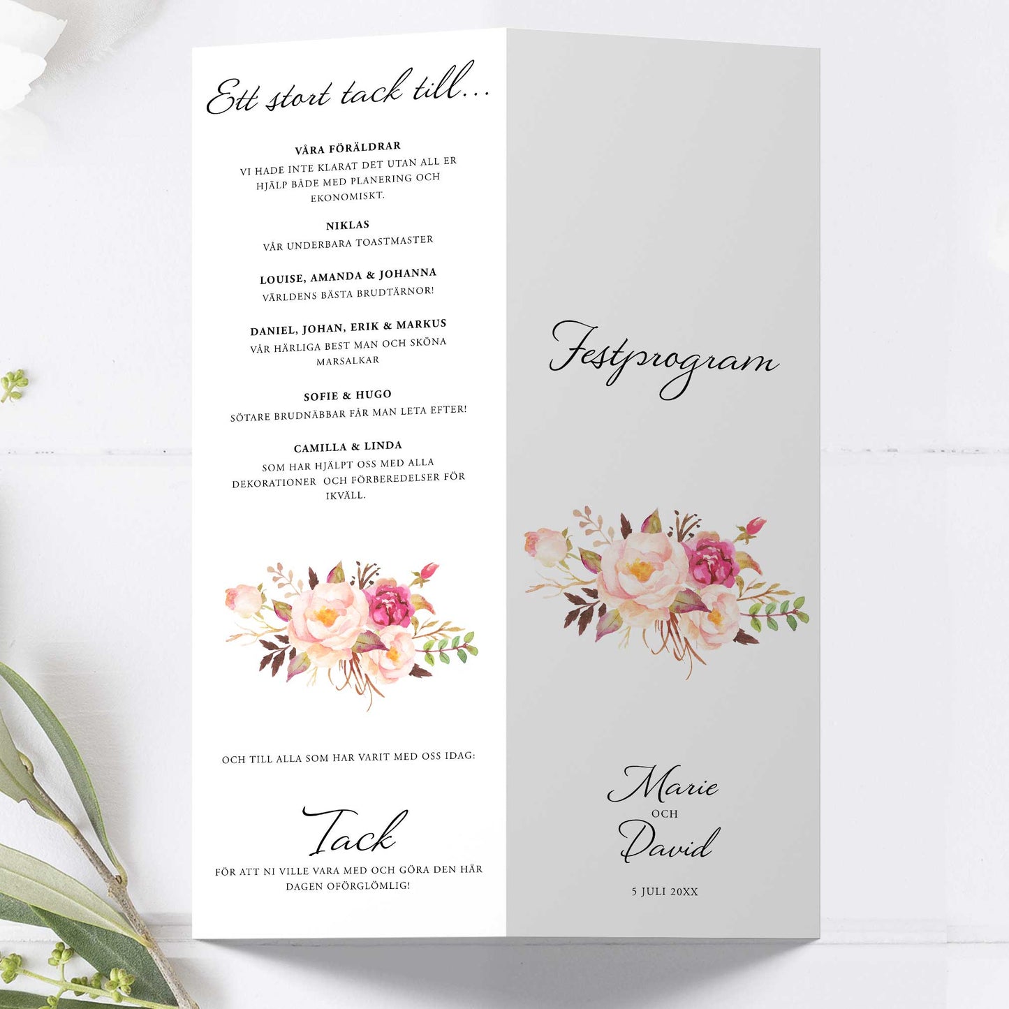 Festprogram till bröllop – Peach & Blush blommigt, somrigt – Avlångt tryckt programkort 10,5×29,7 cm BR006