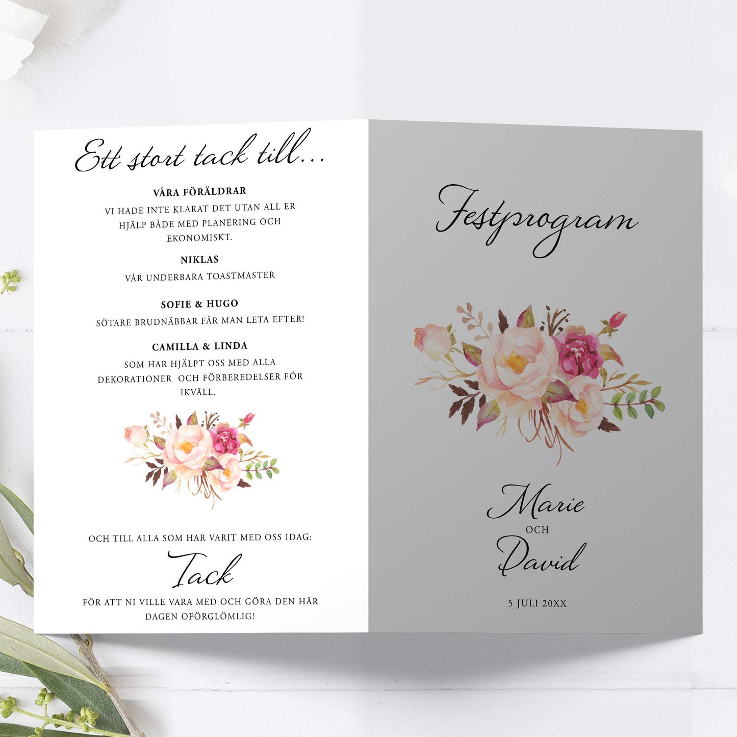 Festprogram litet, till bröllop – Peach & Blush blommigt, somrigt – Tryckt programkort 12,7x17,7 cm BR006