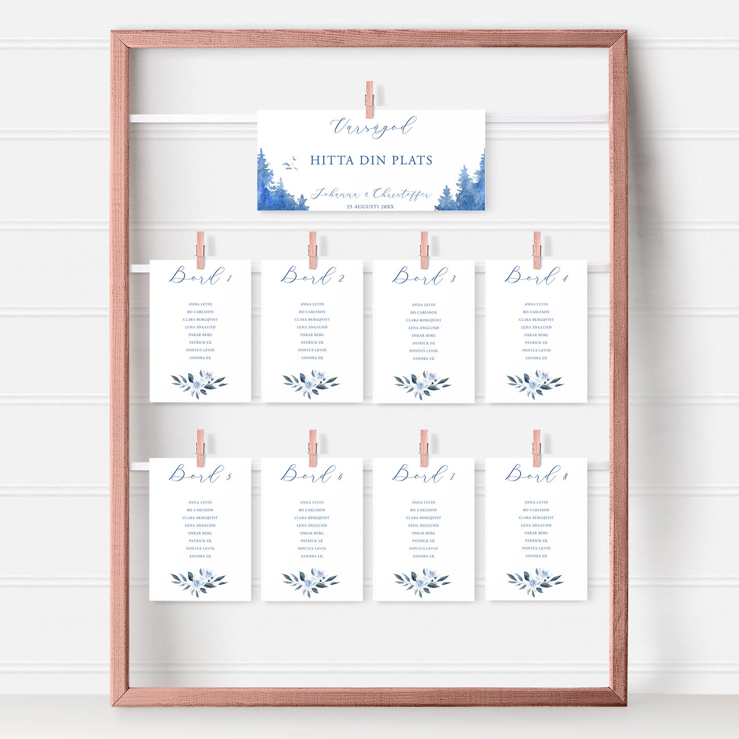 Bordsplaceringskort till bröllop – Vintrig Blått akvarell – Titelskylt & bordskort för gäster BR008