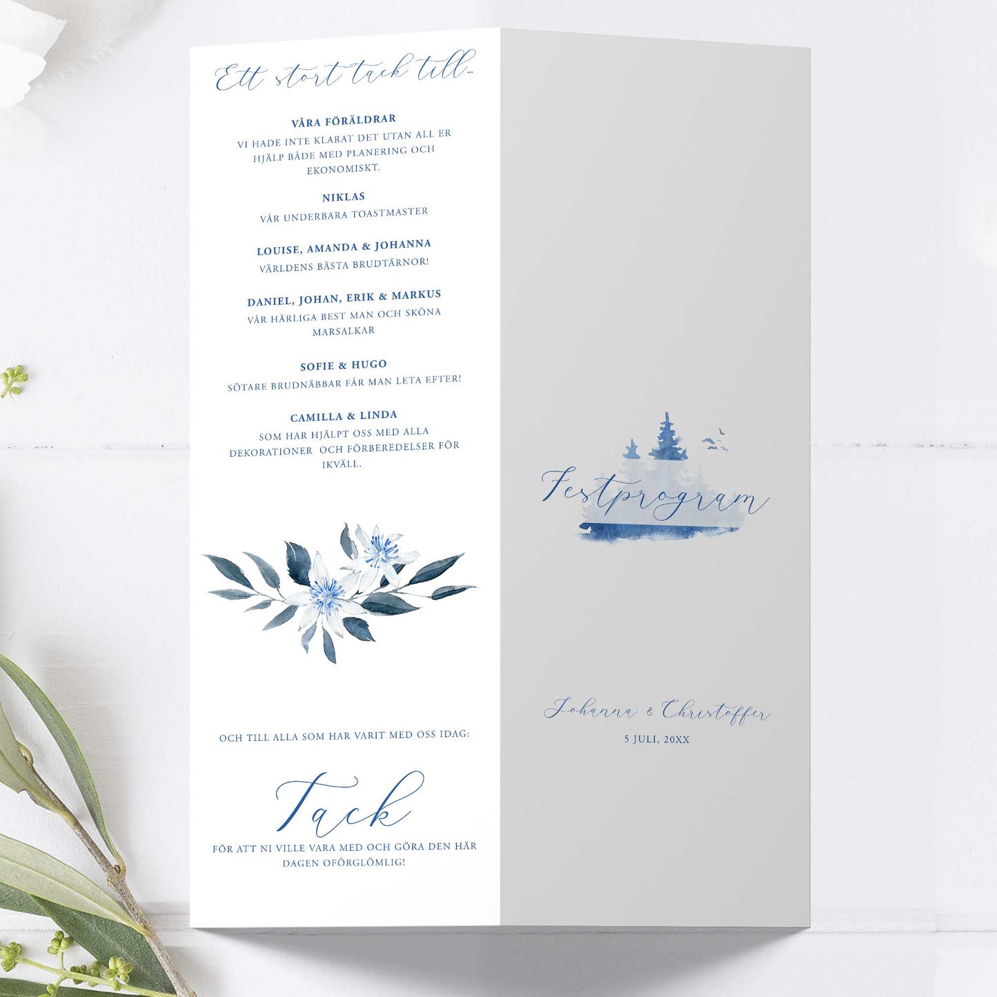 Festprogram till bröllop – Vintrigt blått akvarelltryck – Avlångt tryckt programkort 10,5×29,7 cm BR008