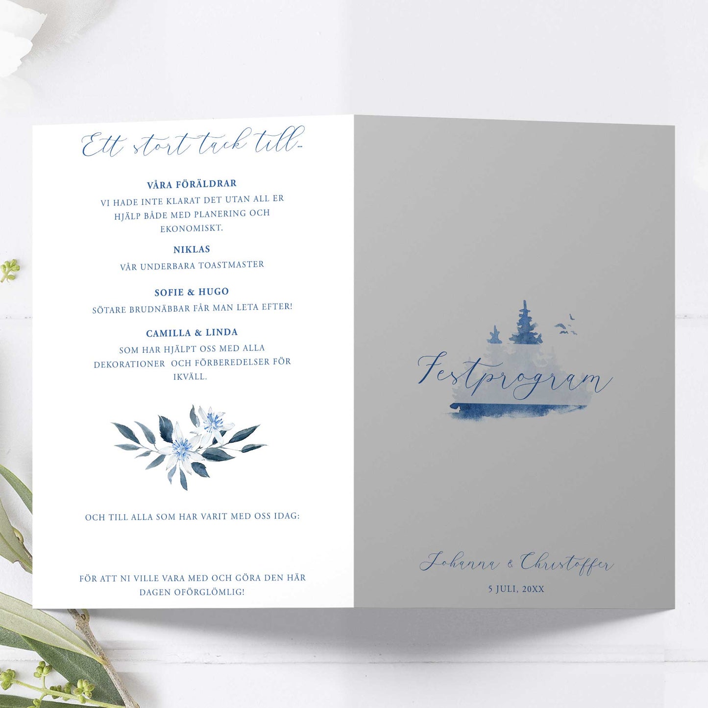 Festprogram litet, till bröllop – Vintrigt blått akvarelltryck – Tryckt programkort 12,7x17,7 cm BR008