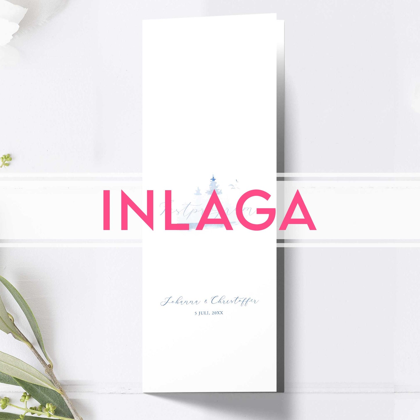 Lång Inlaga till festprogram – Vintrigt blått akvarelltryck – Extra sidor till avlångt bröllopsprogram 10,5×29,7 cm BR008