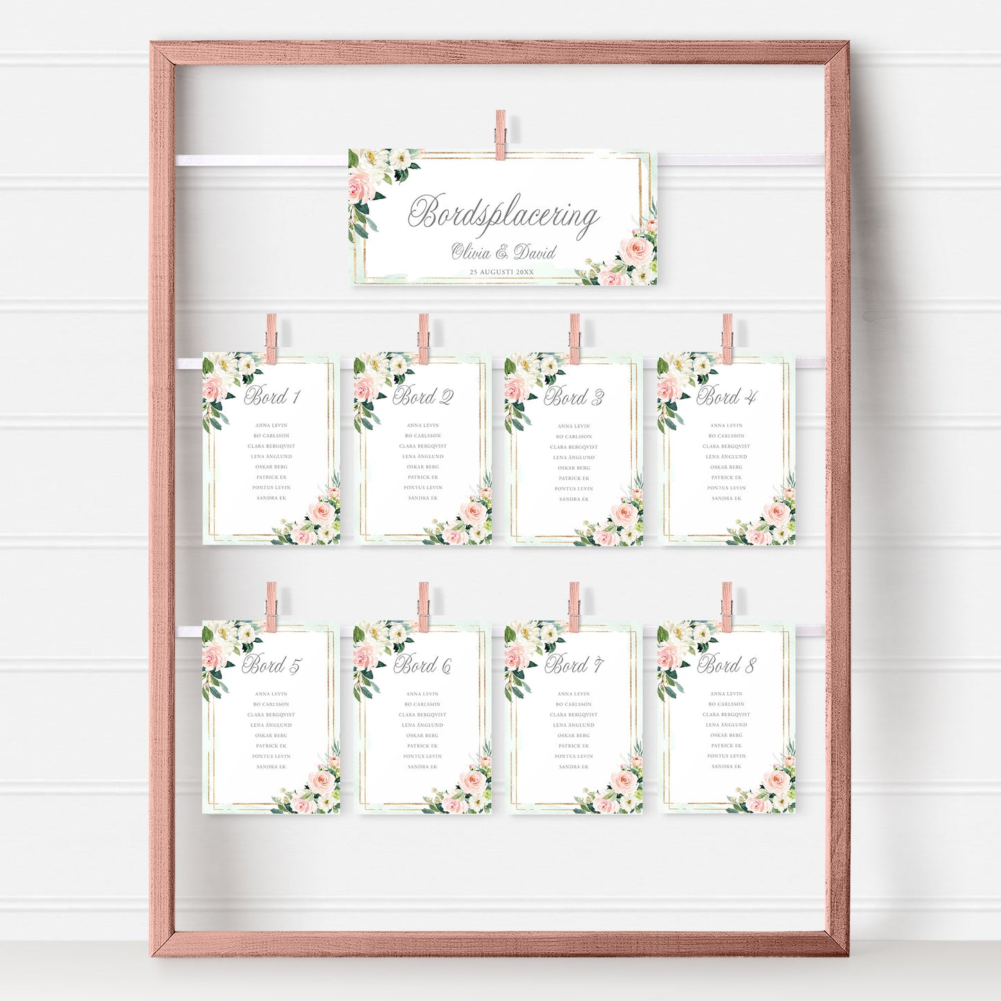 Bordsplaceringskort till bröllop – Mint & Guld Rosa, blommig, somrig design – Titelskylt & bordskort för gäster BR009