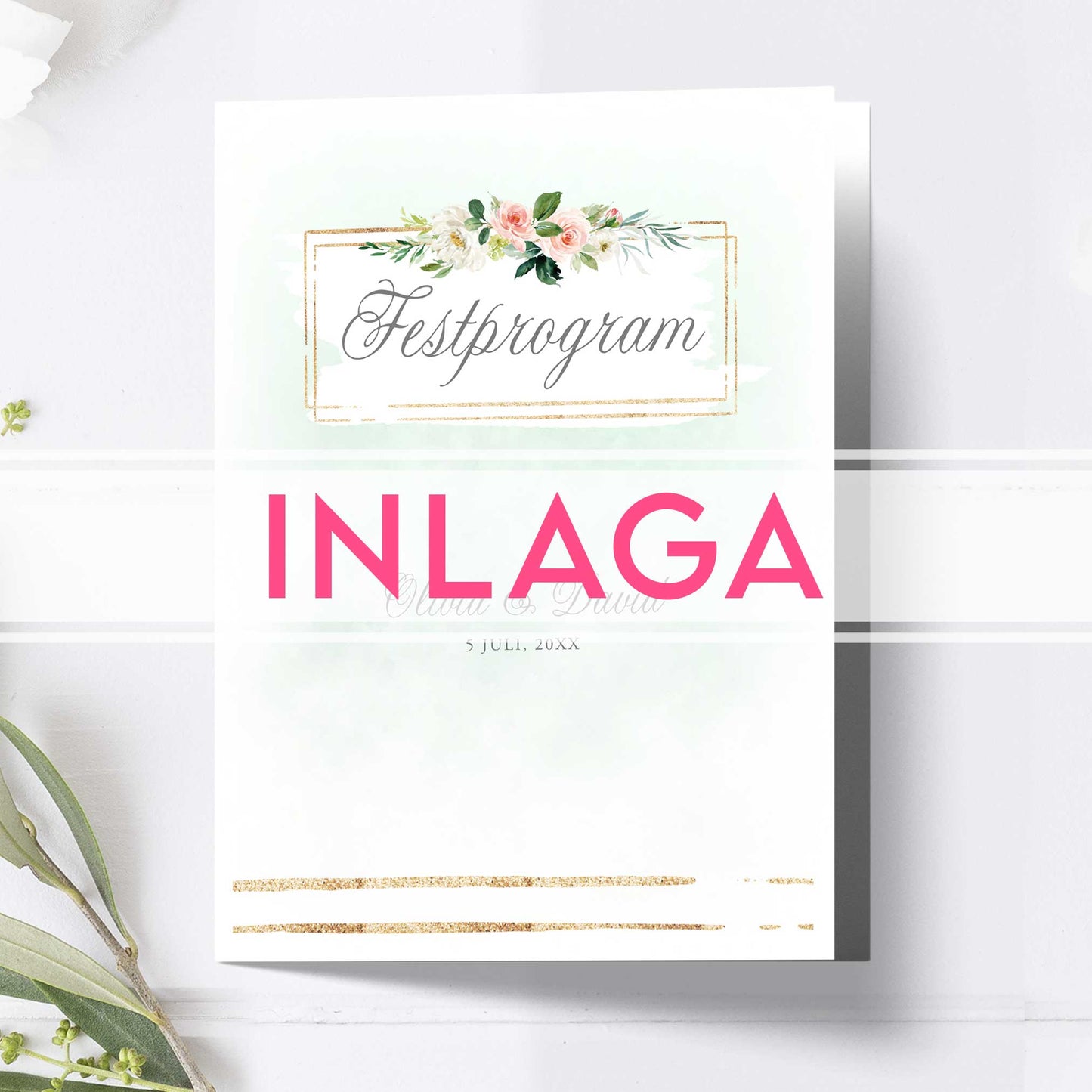 Inlaga till litet festprogram – Mint & Guld Somrigt – Extra sidor till litet bröllopsprogram 12,7x17,7 cm BR009