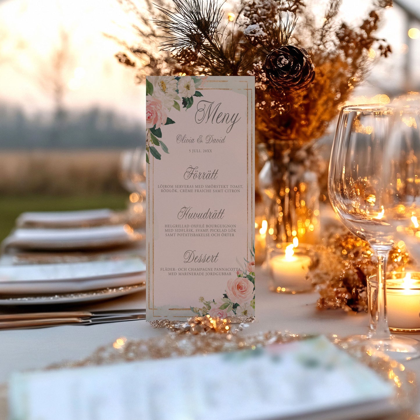 Menykort till bröllop – Mint & Guld Rosa, blommig, somrig – Tryckt kort för bröllopsmeny BR009