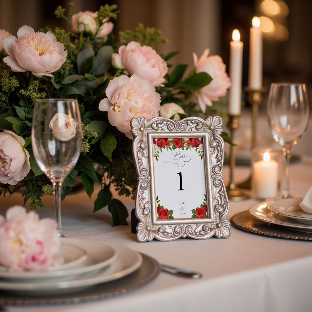 Bordsnummerkort till bröllop – Romantiskt Röda Rosor – Tryckt kort för dukning och bordsplacering BR010