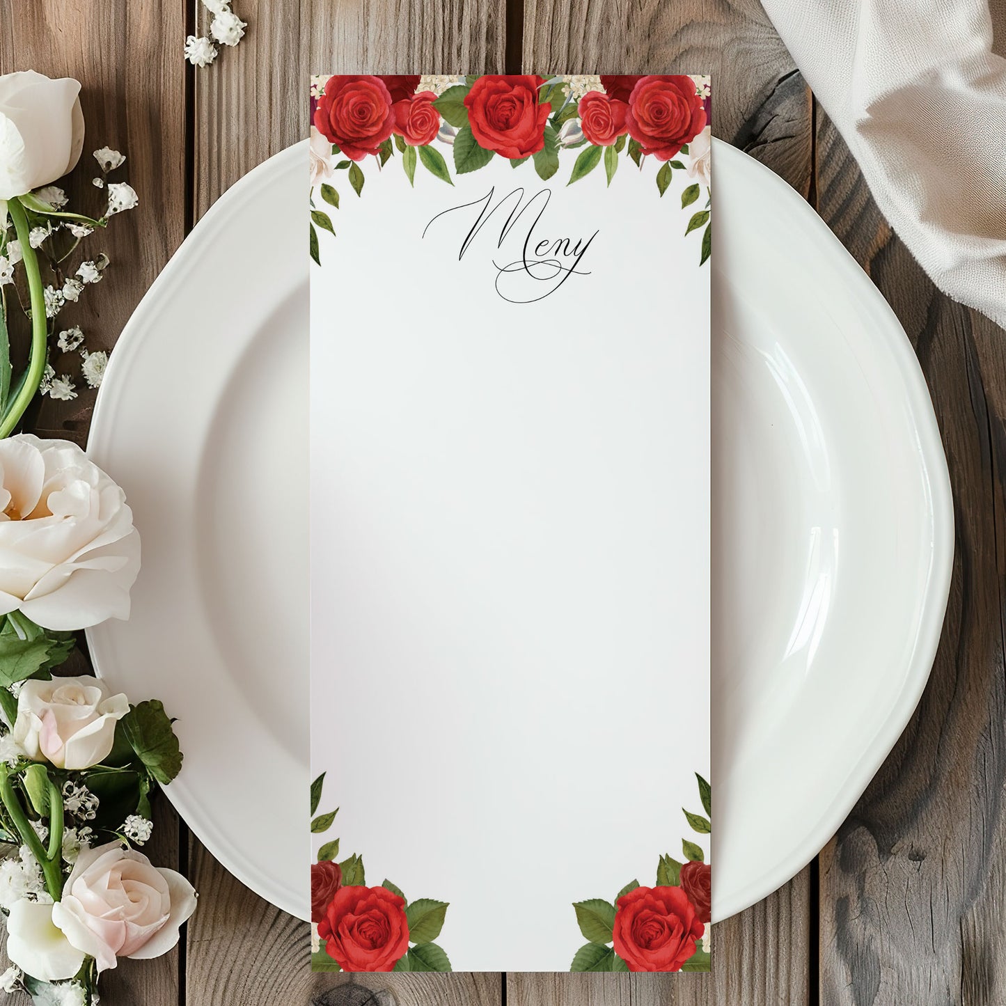 Menykort till bröllop – Röda rosor romantiskt – Tryckt kort för bröllopsmeny BR010