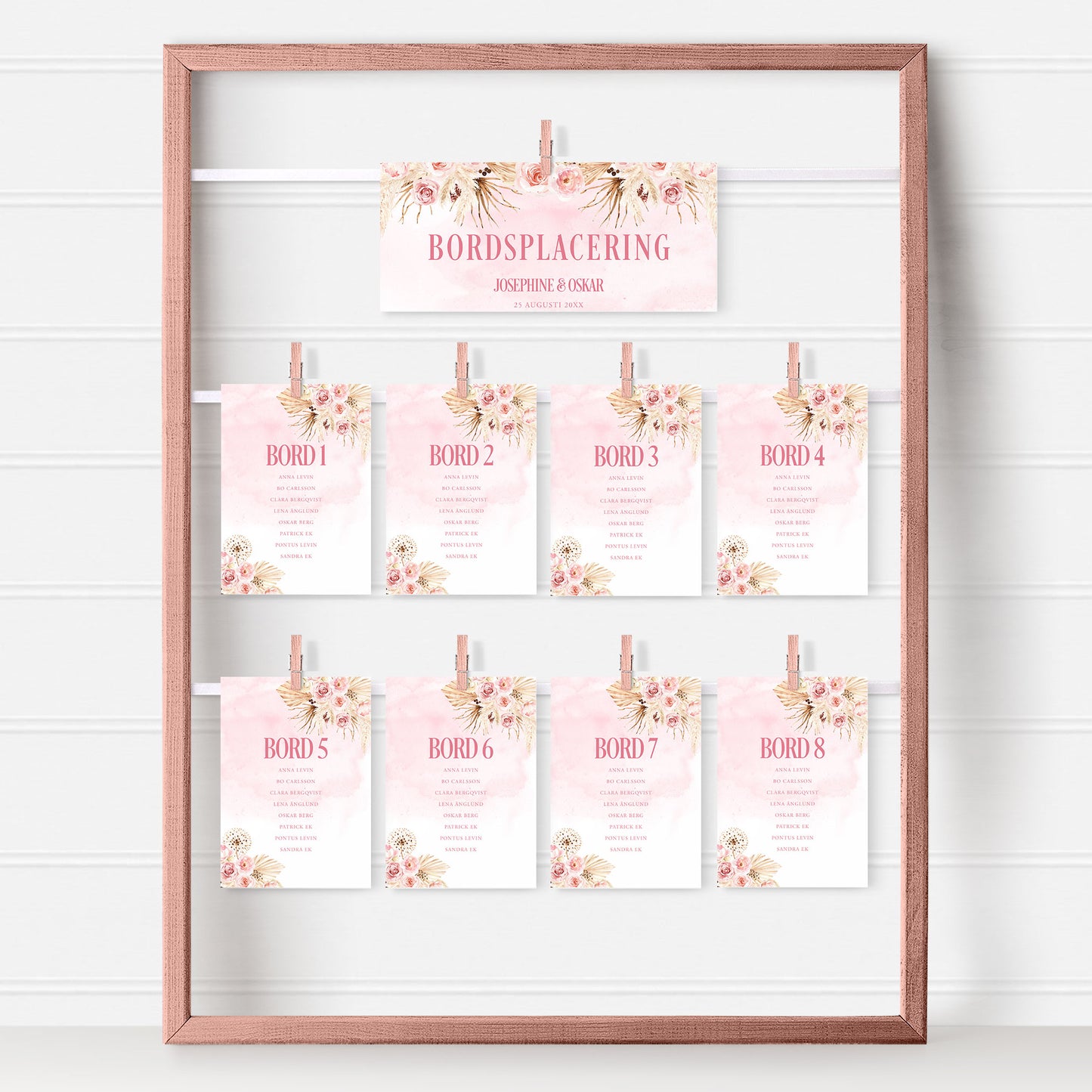 Bordsplaceringskort till bröllop – Rosa Boho akvarell & pampasdesign – Titelskylt & bordskort för gäster BR011