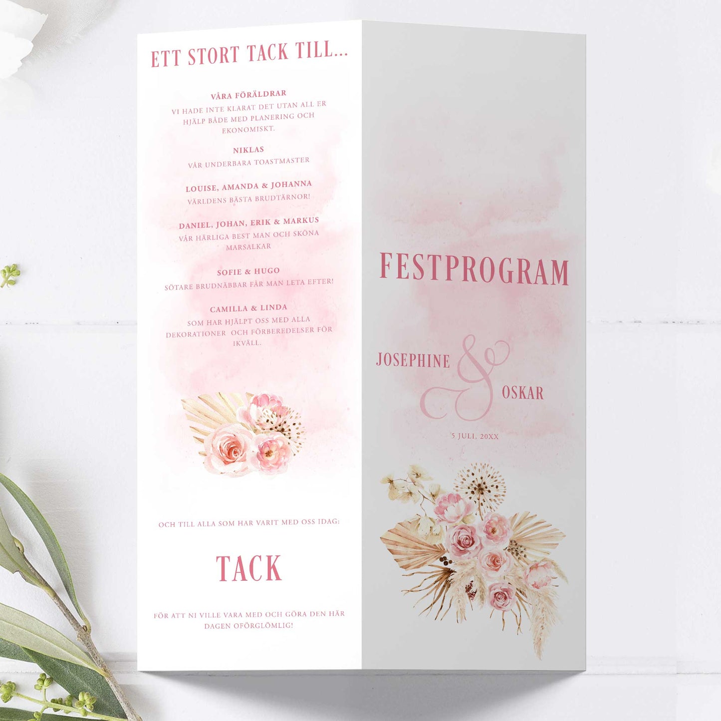 Festprogram till bröllop – Boho Rosa pampas – Avlångt tryckt programkort 10,5×29,7 cm BR011