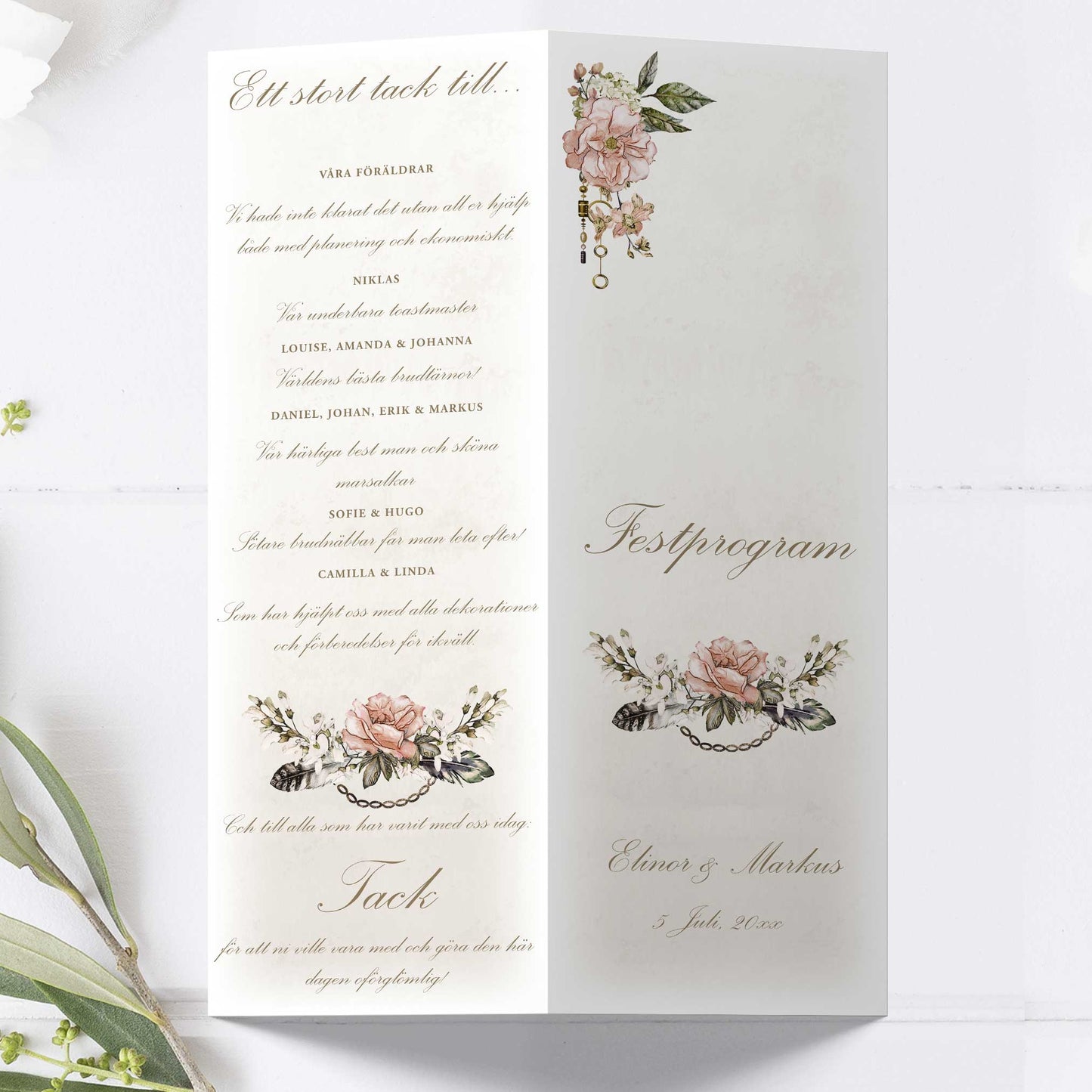 Festprogram till bröllop – Vintage Rosa Steampunk – Avlångt tryckt programkort 10,5×29,7 cm BR012