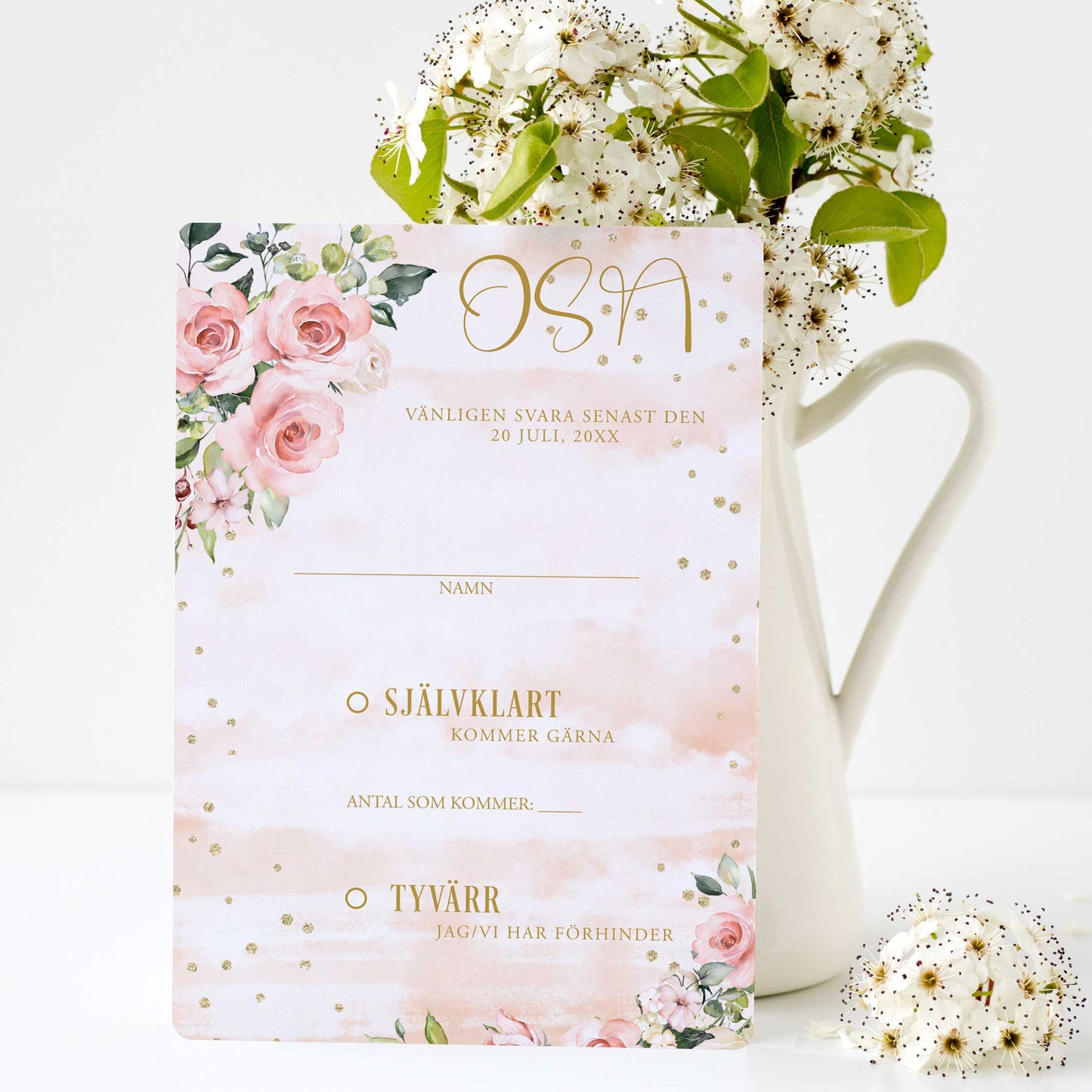 OSA-kort med kuvert (8 färger) – A6 Rosa & Vita Blommor guld detaljer – Bröllopskort BR013