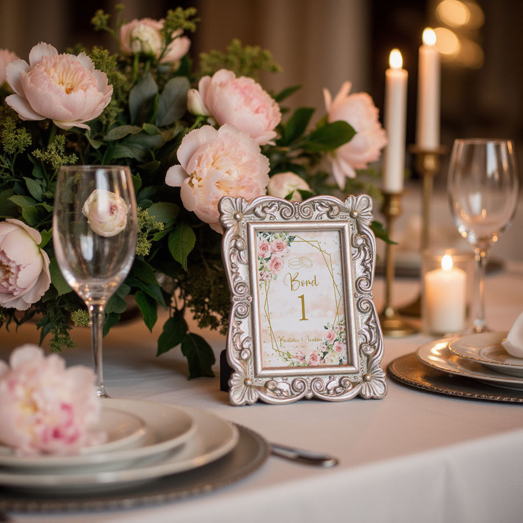 Bordsnummerkort till bröllop – Rosa & Vita Blommor m gulddetaljer – Tryckt kort för dukning och bordsplacering BR013