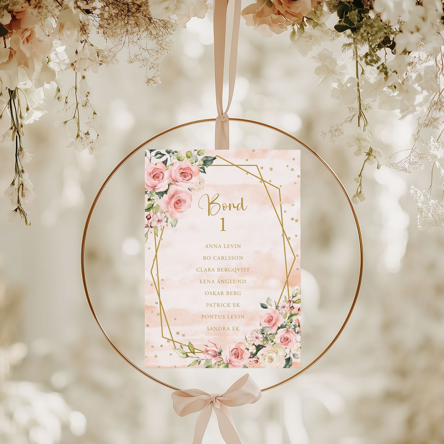 Bordsplaceringskort till bröllop – Rosa & Vita Blommor m gulddetaljer – Titelskylt & bordskort för gäster BR013