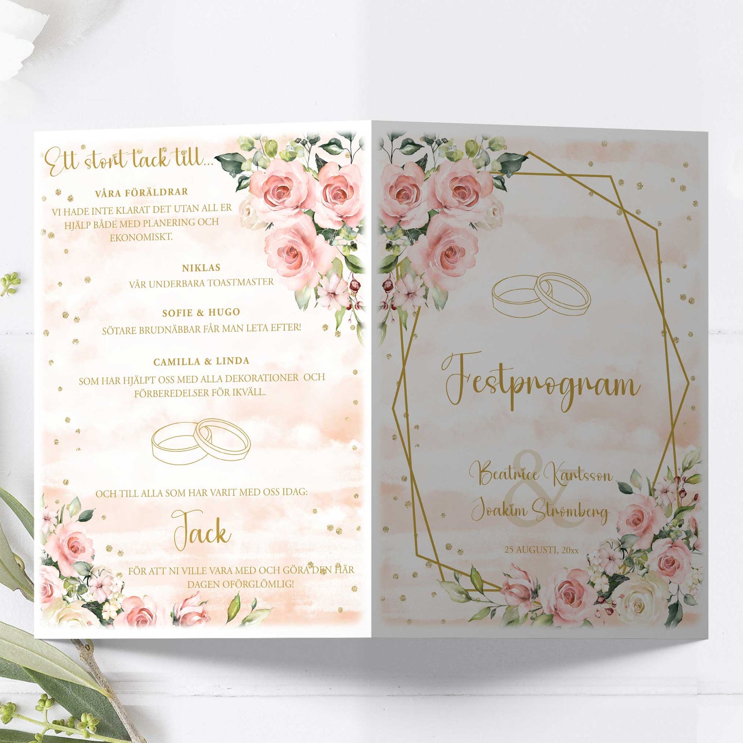 Festprogram litet, till bröllop – Rosa & Vita Blommor m gulddetaljer – Tryckt programkort 12,7x17,7 cm BR013