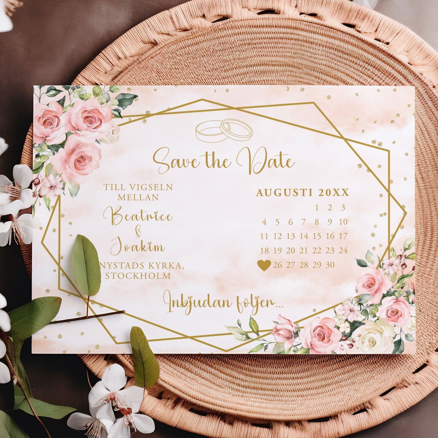 Save the Date-kort – Rosa & Vita Blommor m gulddetaljer - A6 Tryckt kort för bröllopsdatum BR013