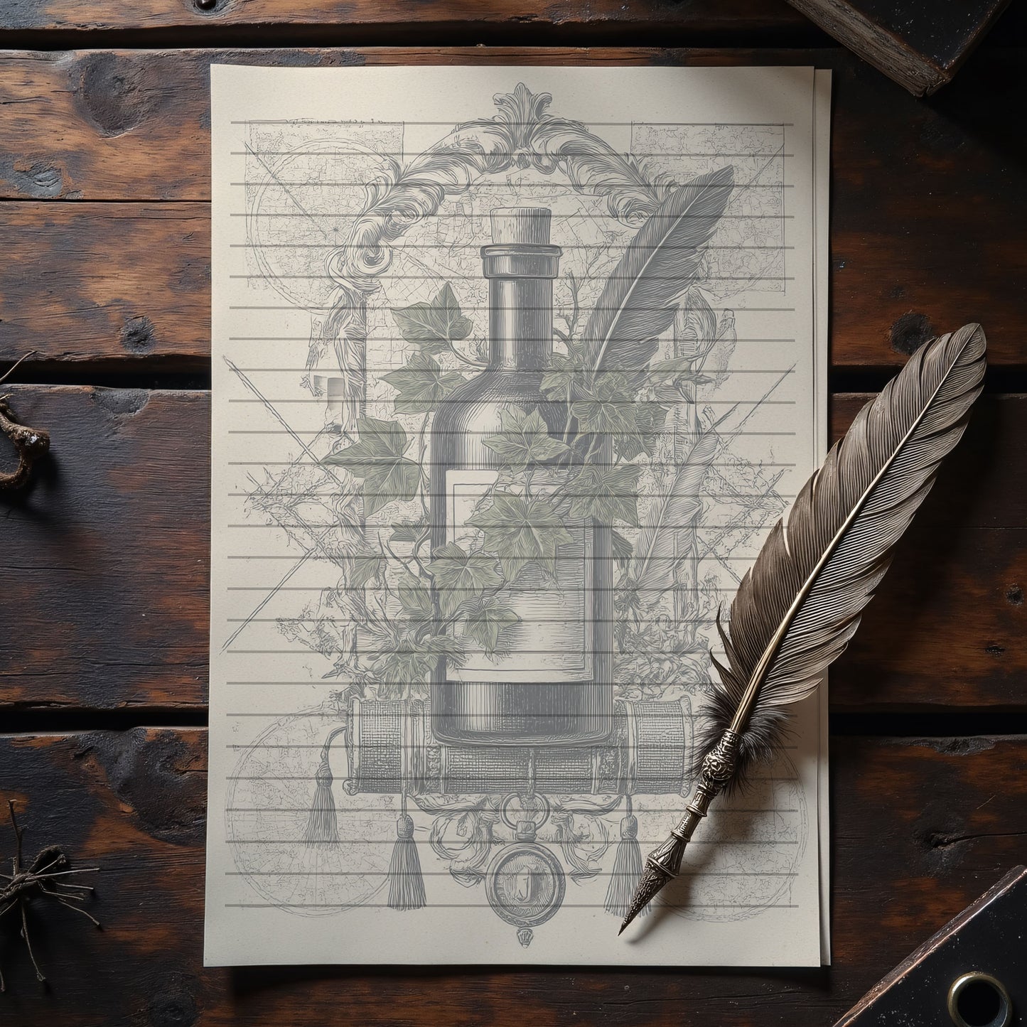 10-pack Brevpapper - Vintage Vinflaska Dark Academia Grimoire / Book of Shadows Sidor - Tryckt A5 Papper - GP104