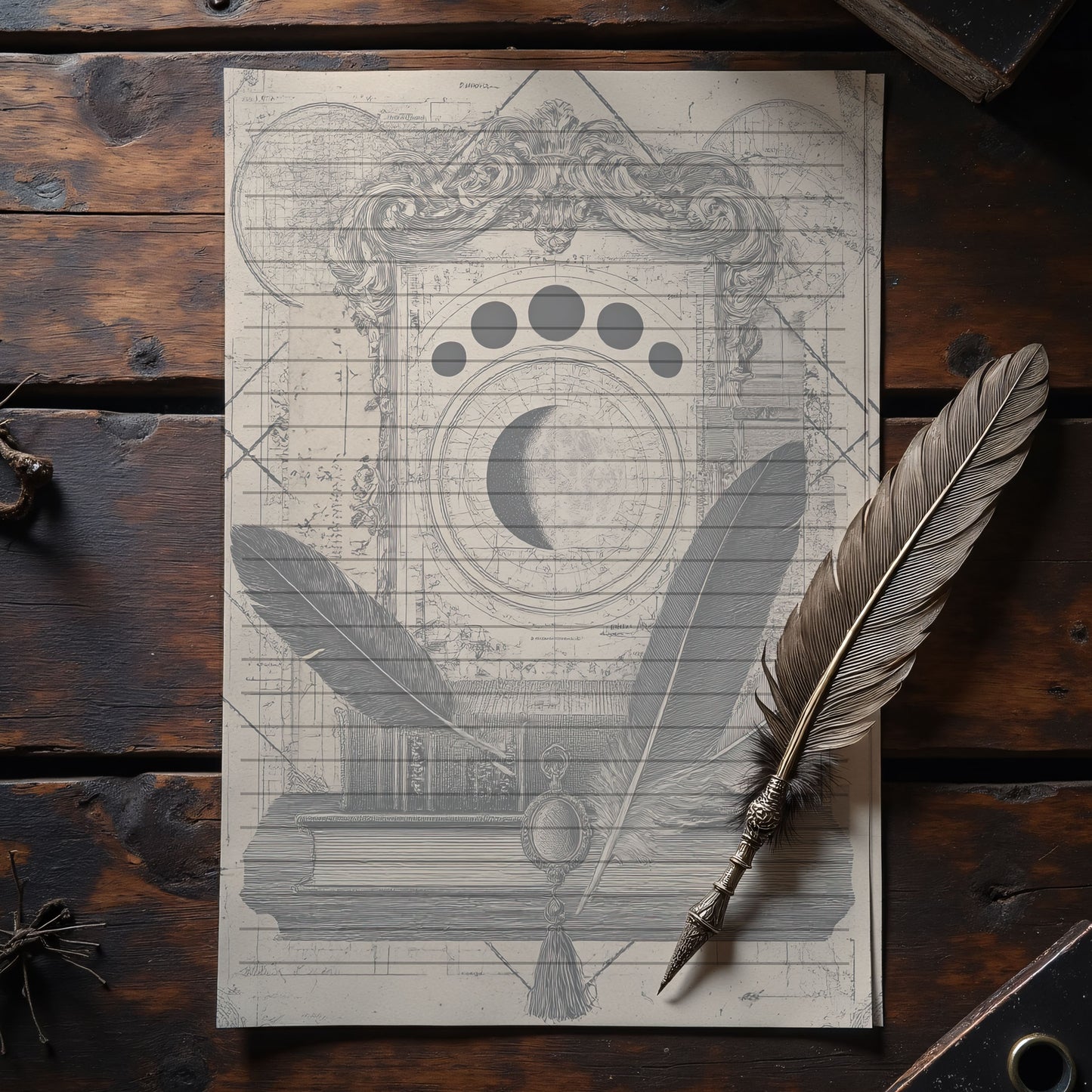 10-pack Brevpapper - Vintage Månfaser Dark Academia Grimoire / Book of Shadows Sidor - Tryckt A5 Papper - GP108