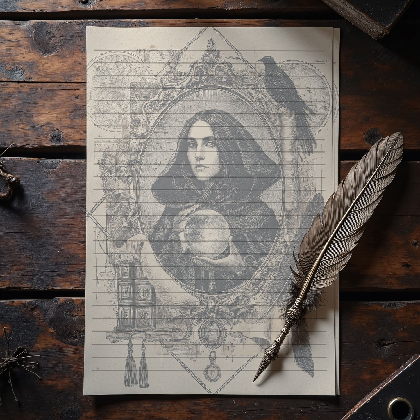 10-pack Brevpapper - Vintage Porträtt Dark Academia Grimoire / Book of Shadows Sidor - Tryckt A5 Papper - GP119