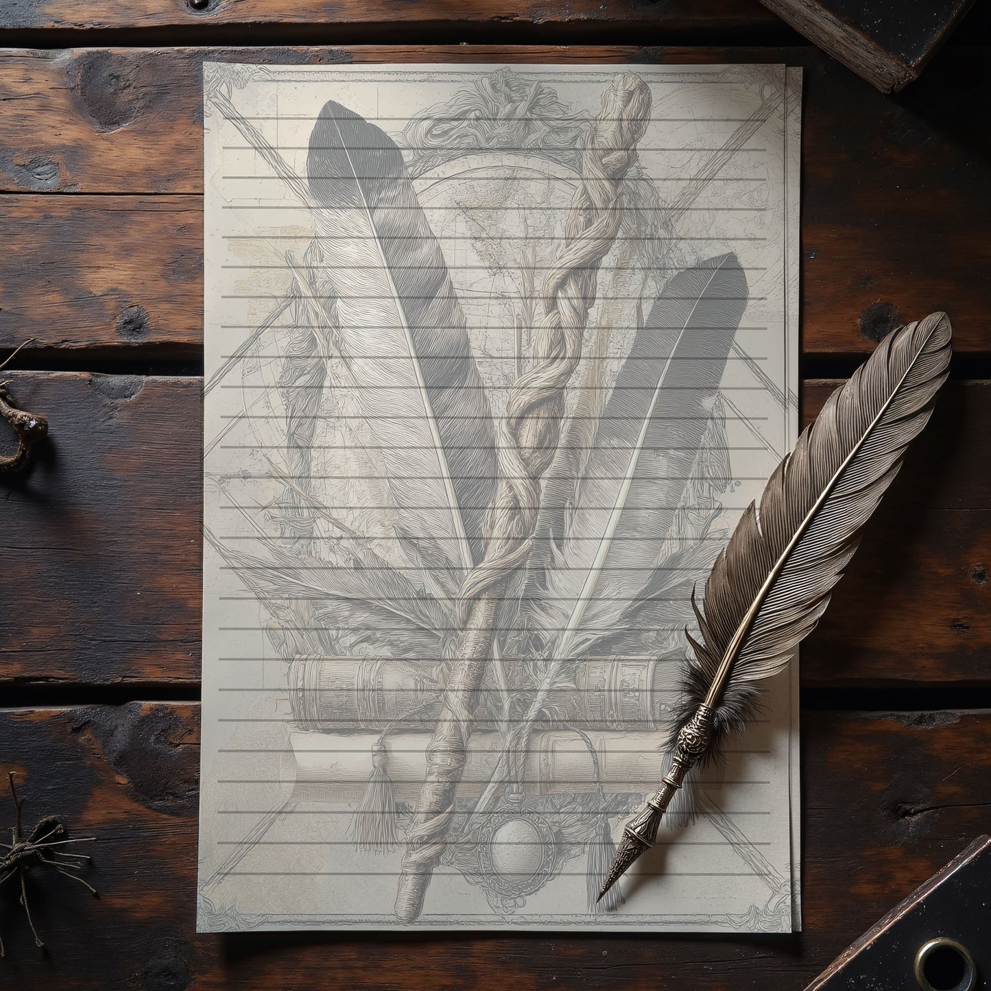 10-pack Brevpapper - Vintage Trollstav och Fjärdrar Dark Academia Grimoire / Book of Shadows Sidor - Tryckt A5 Papper - GP120