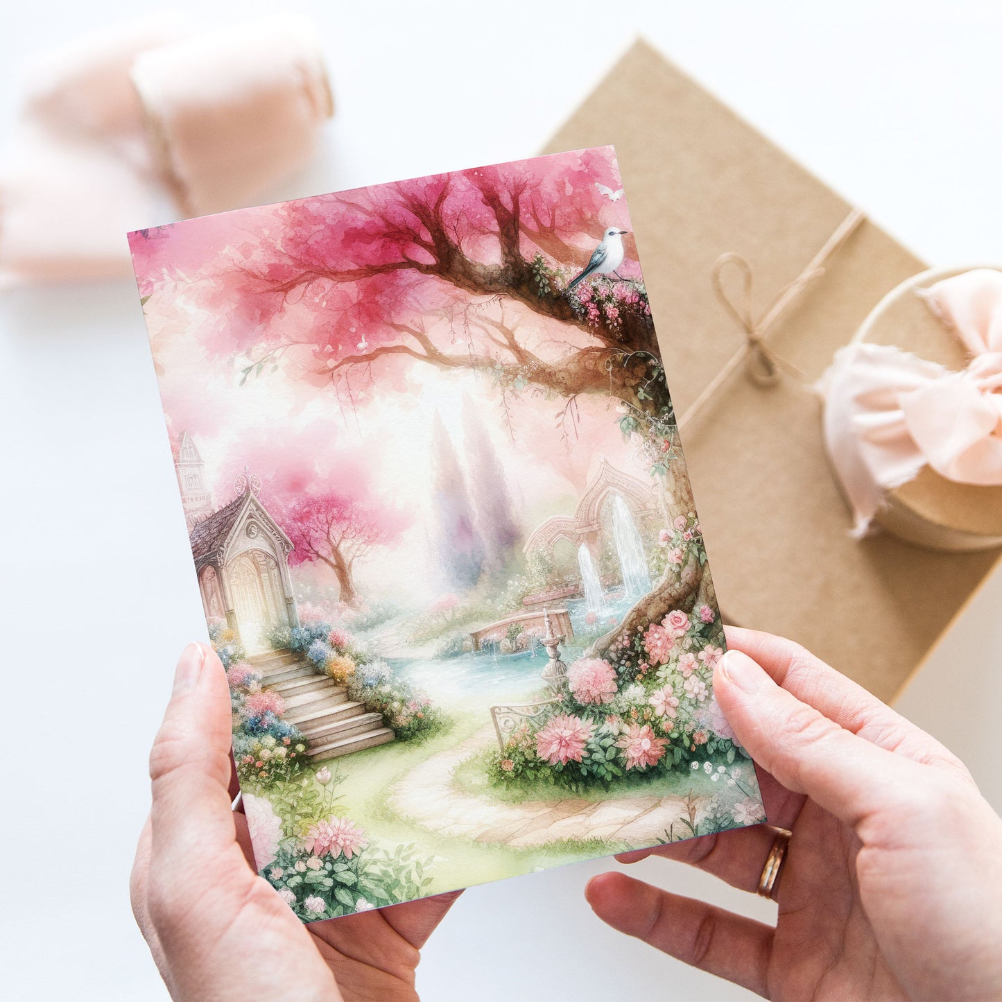 Vykort för postcrossing, scrapbooking & dekoration - Rosa Romantiskt Trädgård PC507