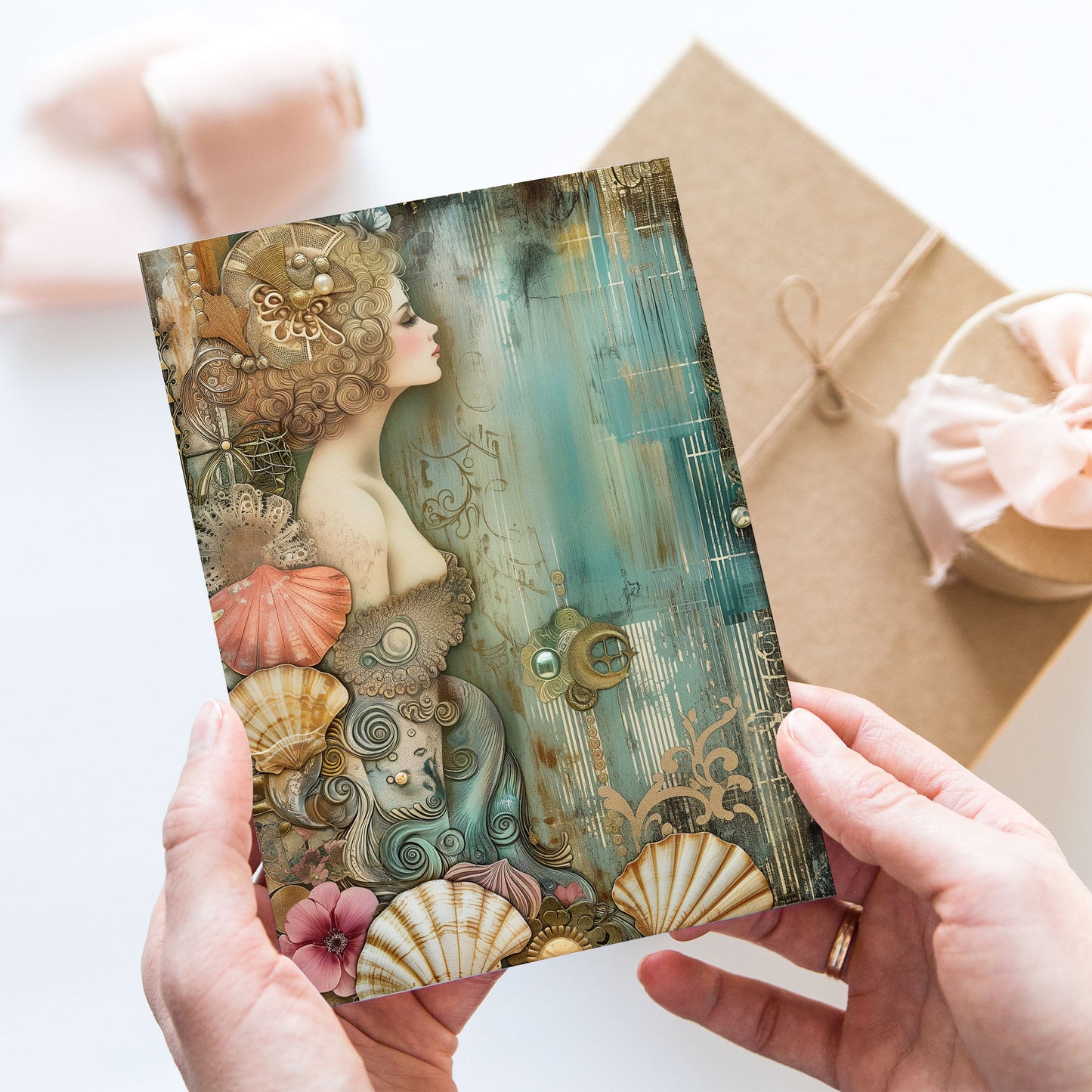 Vykort för postcrossing, scrapbooking & dekoration - Gyllene Sjöjungfru PC524
