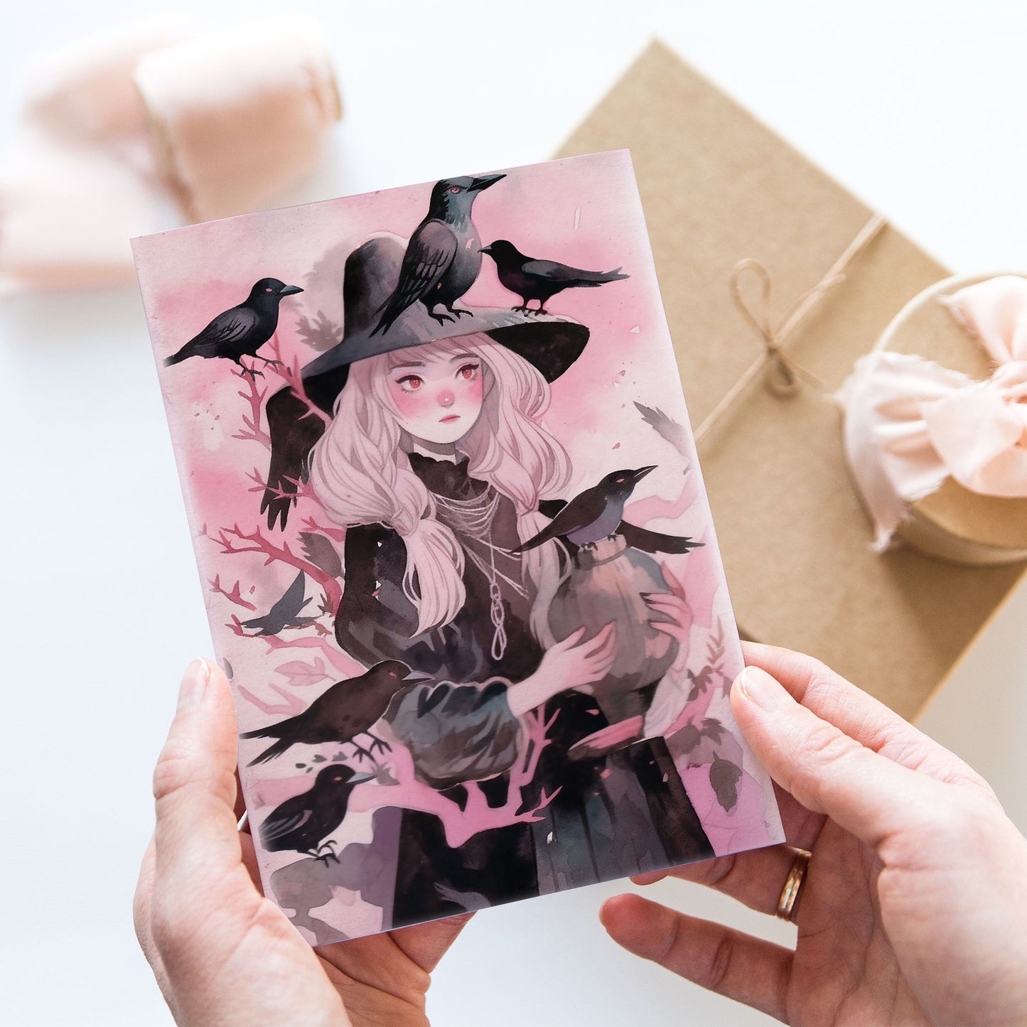 Vykort för postcrossing, scrapbooking & dekoration - Rosa Häxa PC540