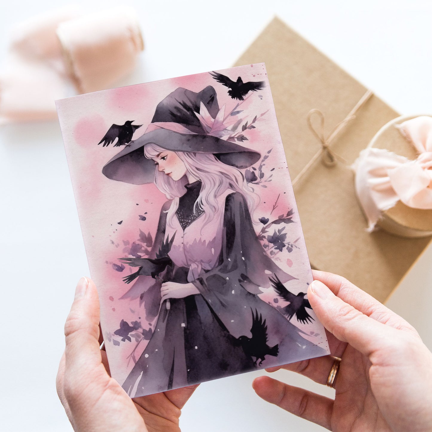 Vykort för postcrossing, scrapbooking & dekoration - Rosa Häxa PC541
