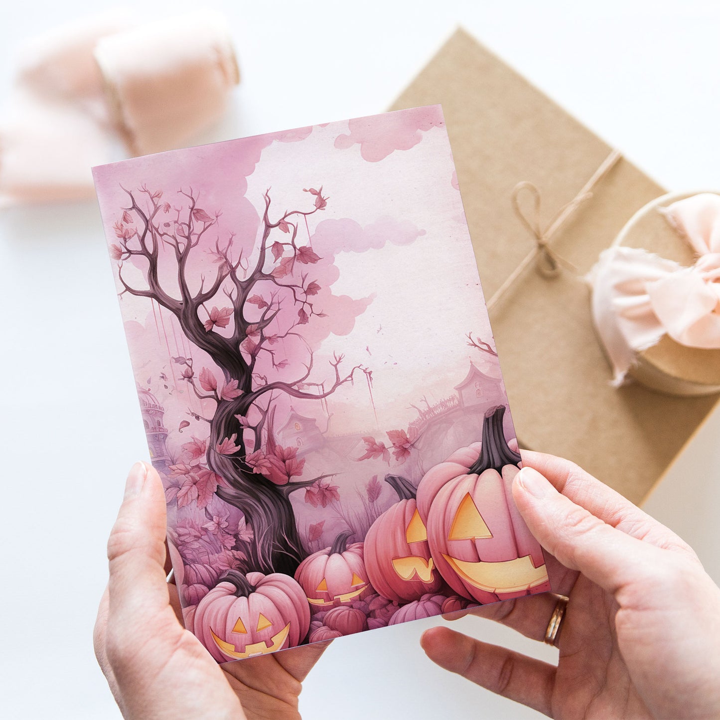 Vykort för postcrossing, scrapbooking & dekoration - Rosa Halloween PC543