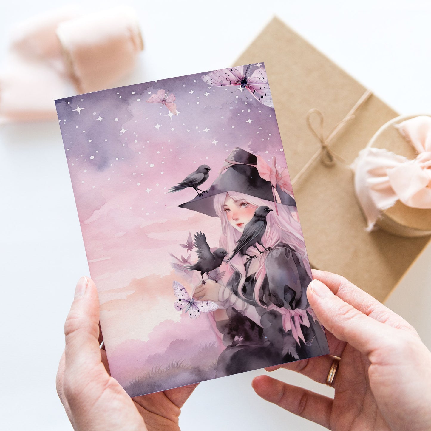 Vykort för postcrossing, scrapbooking & dekoration - Rosa Häxa PC544