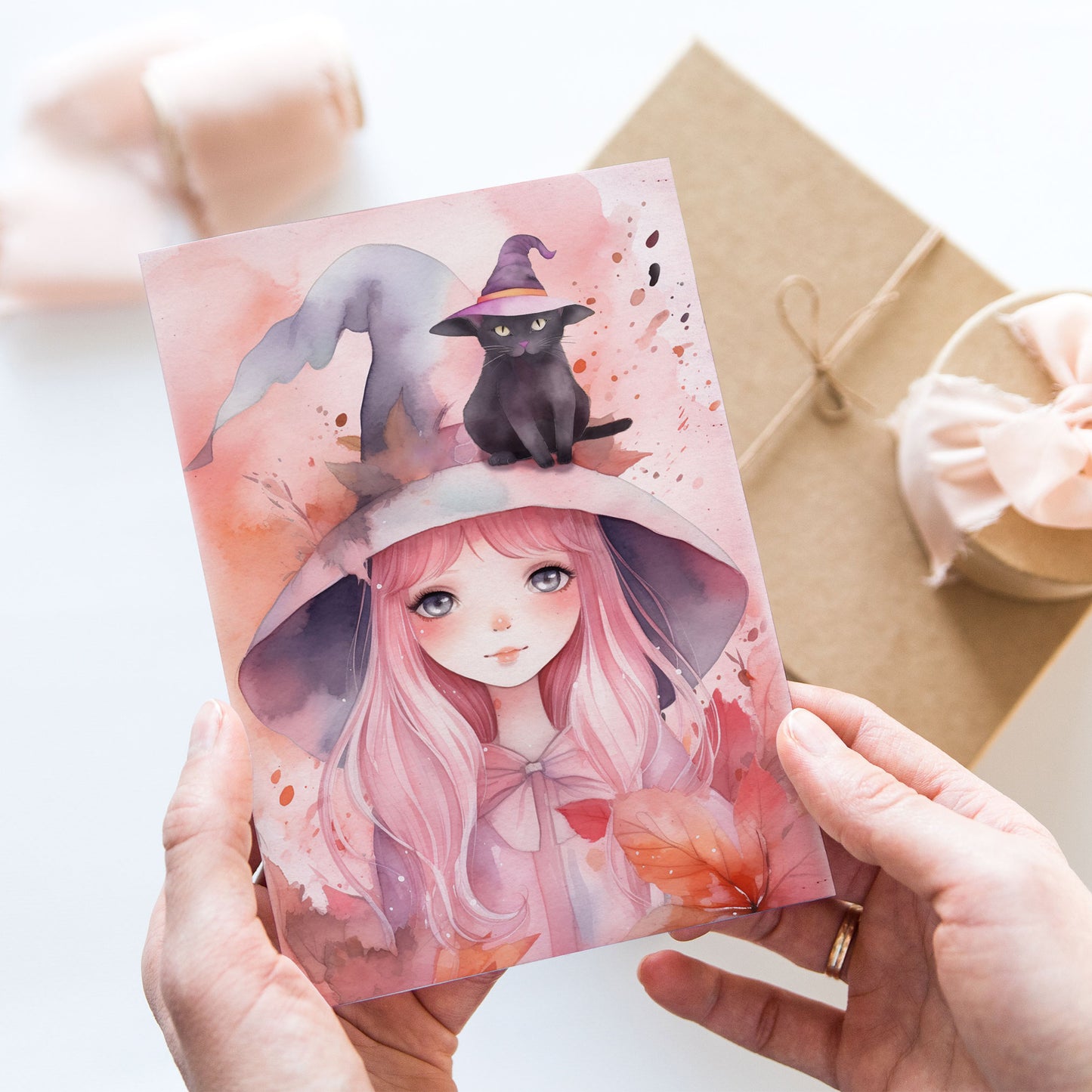 Vykort för postcrossing, scrapbooking & dekoration - Rosa Häxa PC546