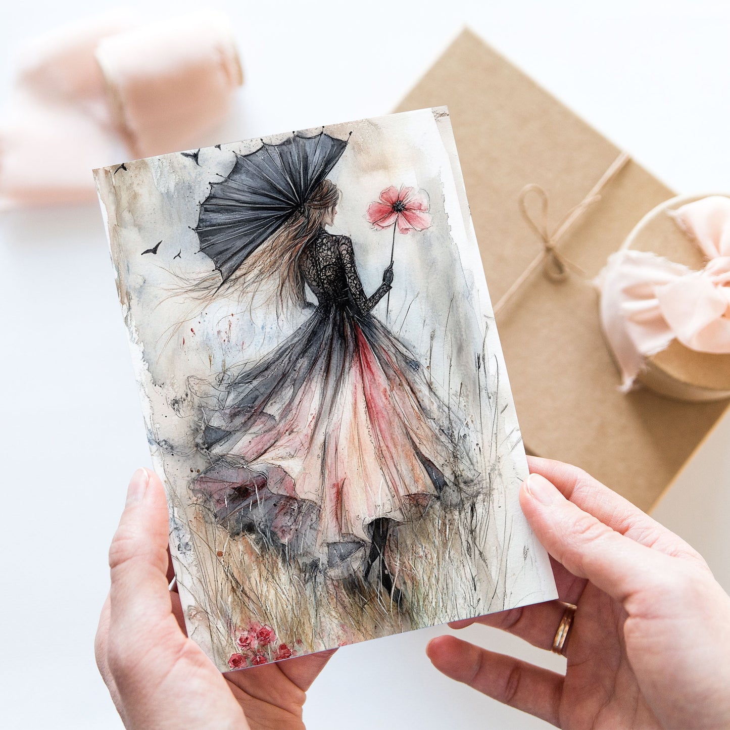 Vykort för postcrossing, scrapbooking & dekoration - Mörk Romantik - Flicka på Fältet PC602