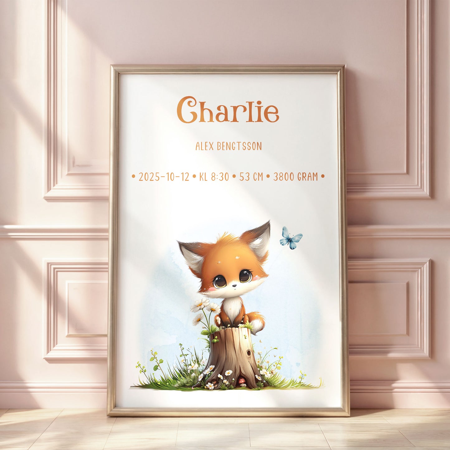 Personlig Doptavla Liten Räv – Könsneutral Födelsetavla & Doppresent | Tryckt Baby Poster i olika storlekar