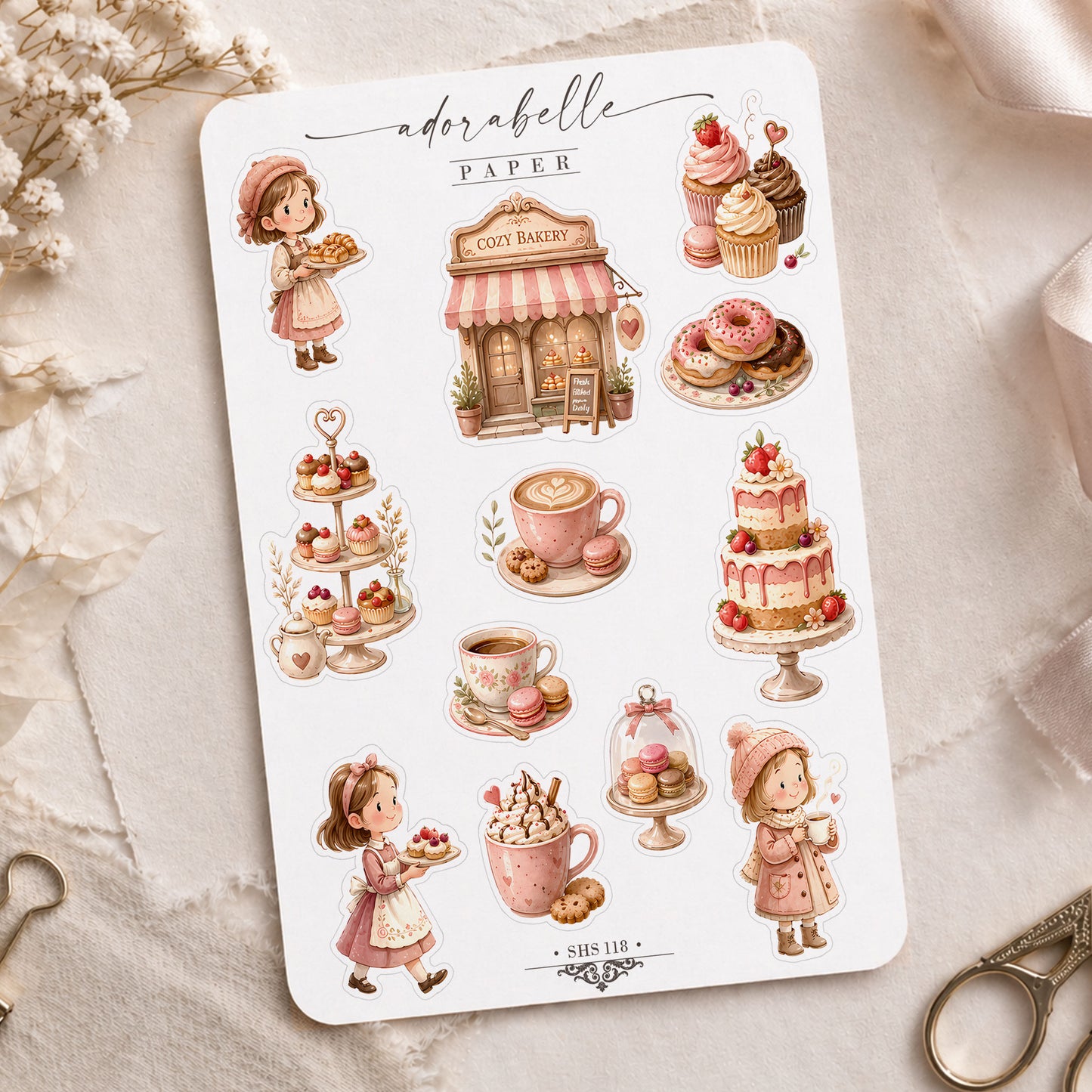 Stickersark Rosa Cozy Café - Söta Book Club, Coffee Lover stickers med vårig känsla - SHS118