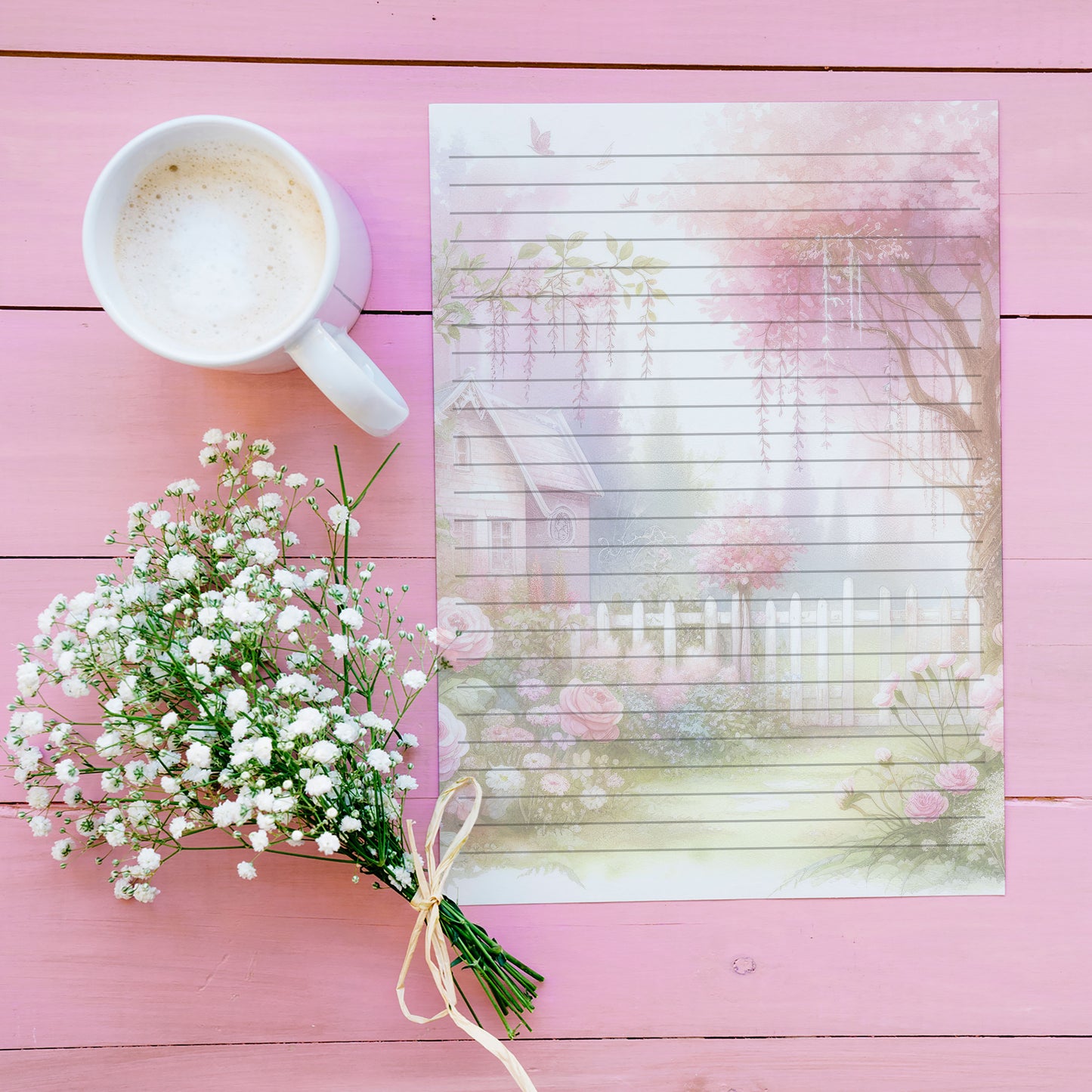 10-pack Brevpapper - Rosa Vår Trädgård - Blommor - Tryckt A5 Papper -WP505