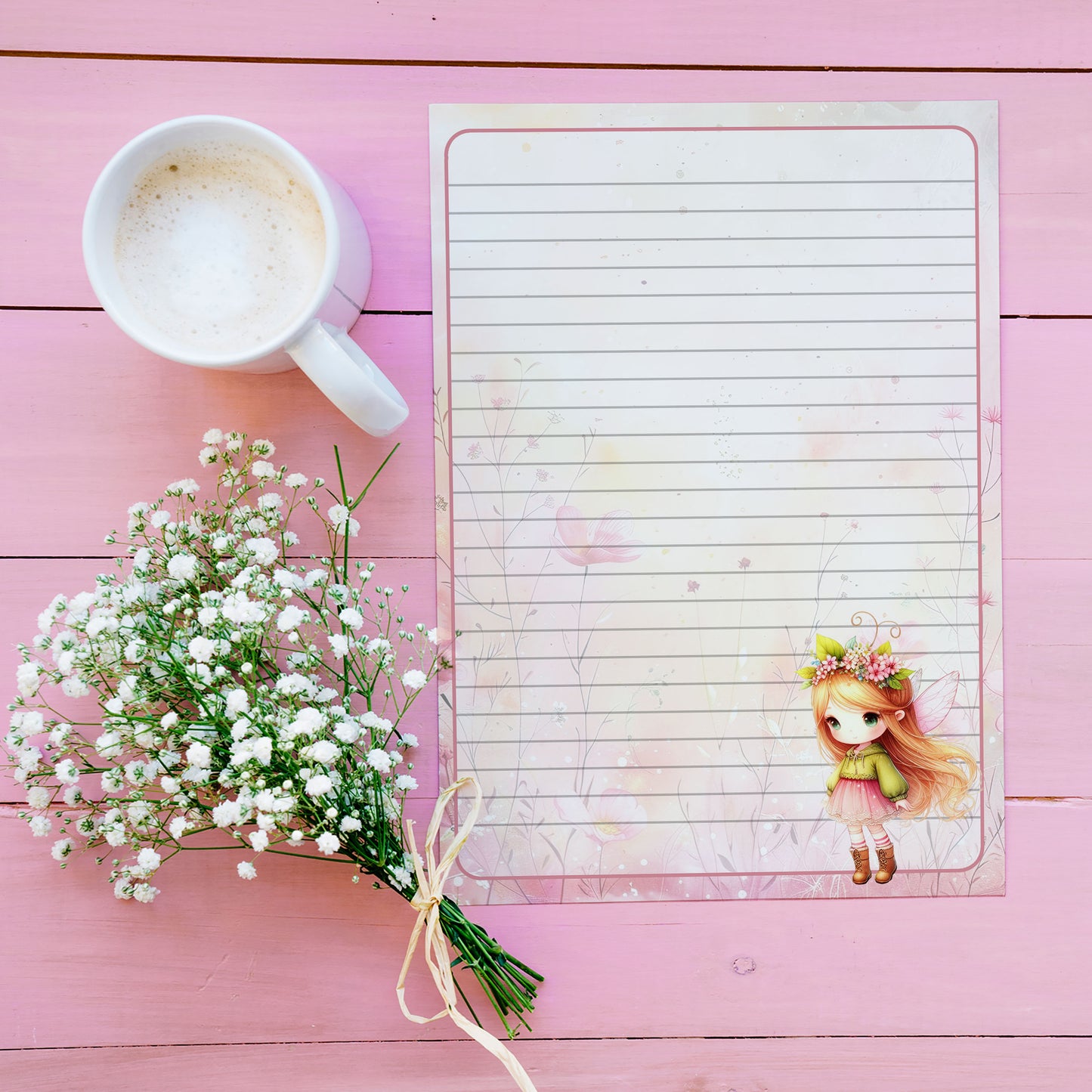 10-pack Brevpapper - Söt Rosa & Grön Fé - Tryckt A5 Papper -WP508