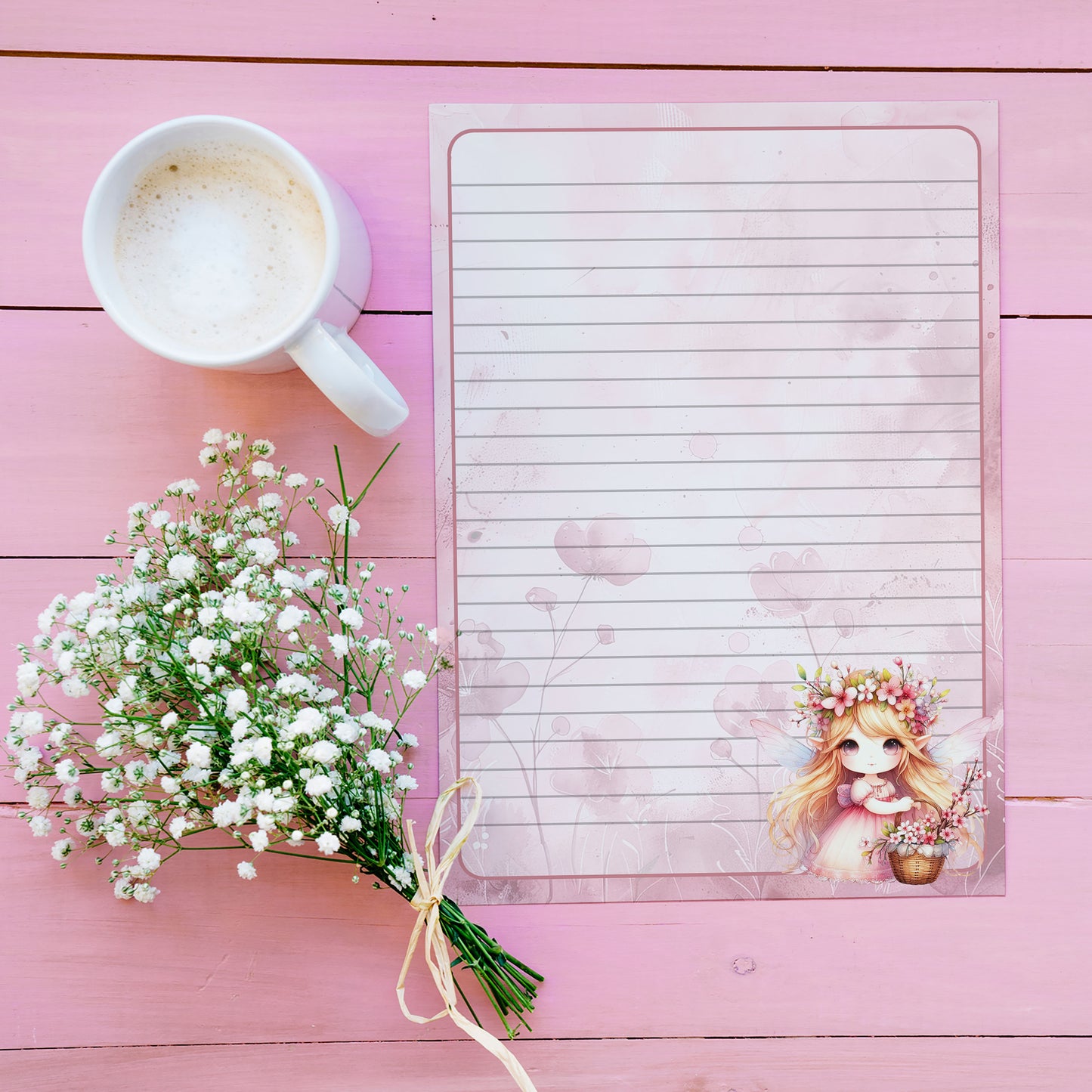 10-pack Brevpapper - Fé med Rosa Vårblommor - Tryckt A5 Papper - WP509