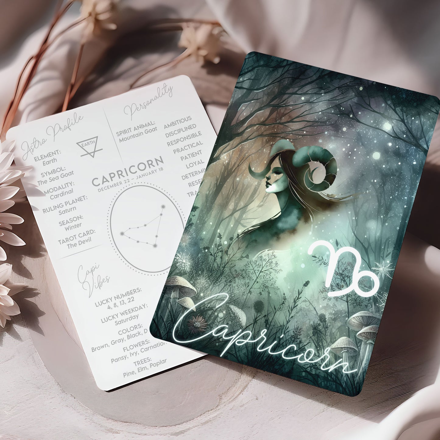 Stenbocken – Stjärnteckenkort med stjärnbild & kristaller – Astrologiskt A6-kort för journaling eller gåva – ZC420