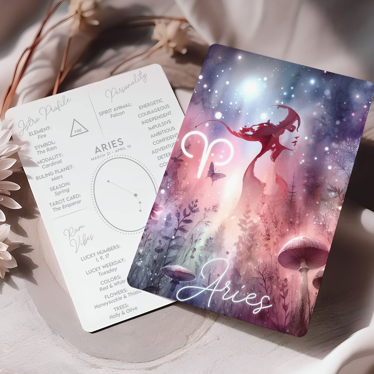 Väduren – Stjärnteckenkort med stjärnbild & kristaller – Astrologiskt A6-kort för journaling eller gåva – ZC423